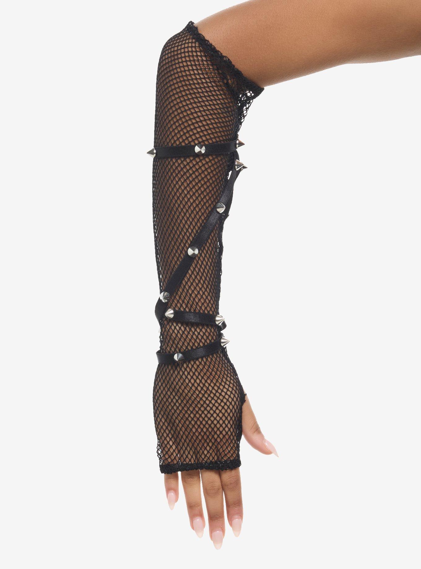 Black Spike Strap Fishnet Arm Warmers, , hi-res