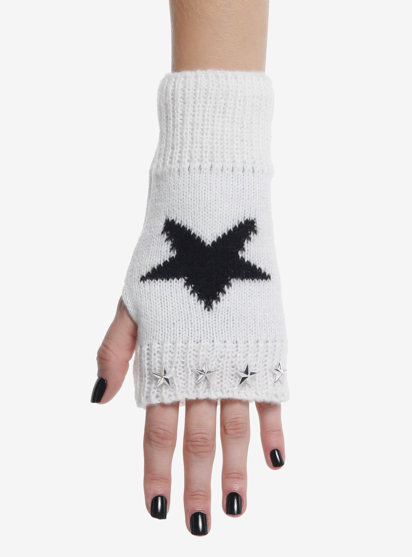 White & Black Star Stud Fingerless Gloves, , hi-res