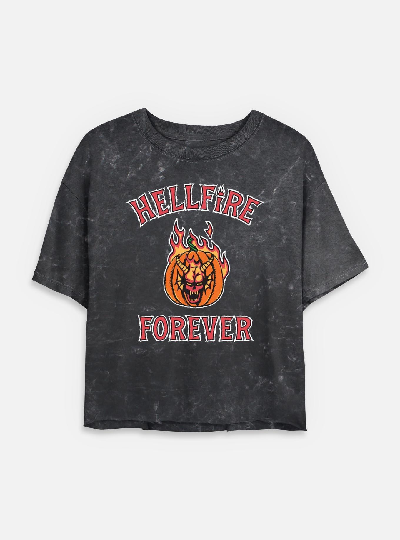 Stranger Things Hellfire Forever Pumpkin Womens Mineral Wash Crop T-Shirt, BLACK, hi-res
