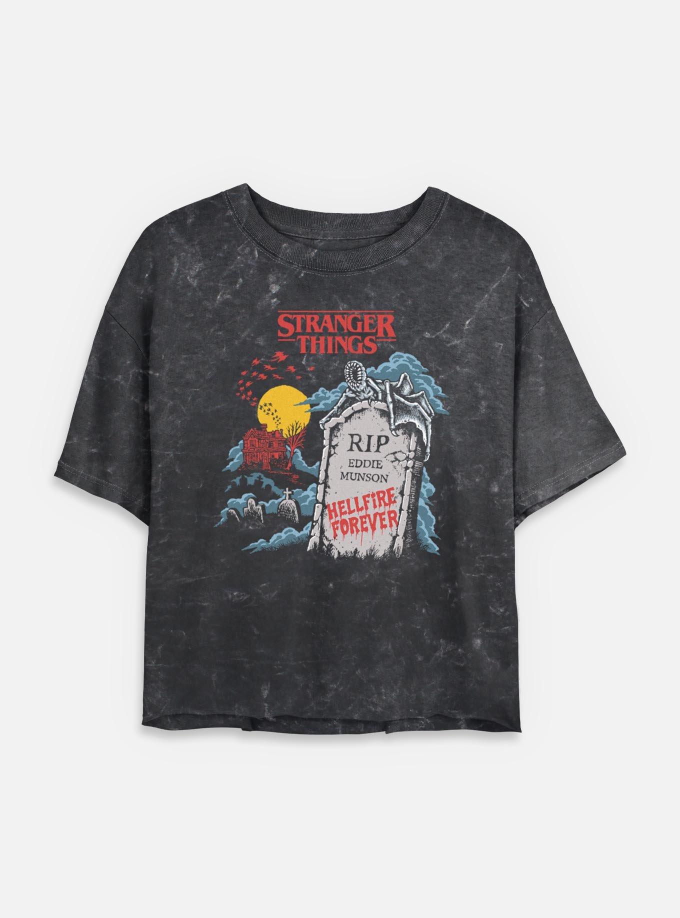 Stranger Things RIP Eddie Munson Hellfire Forever Womens Mineral Wash Crop T-Shirt, , hi-res