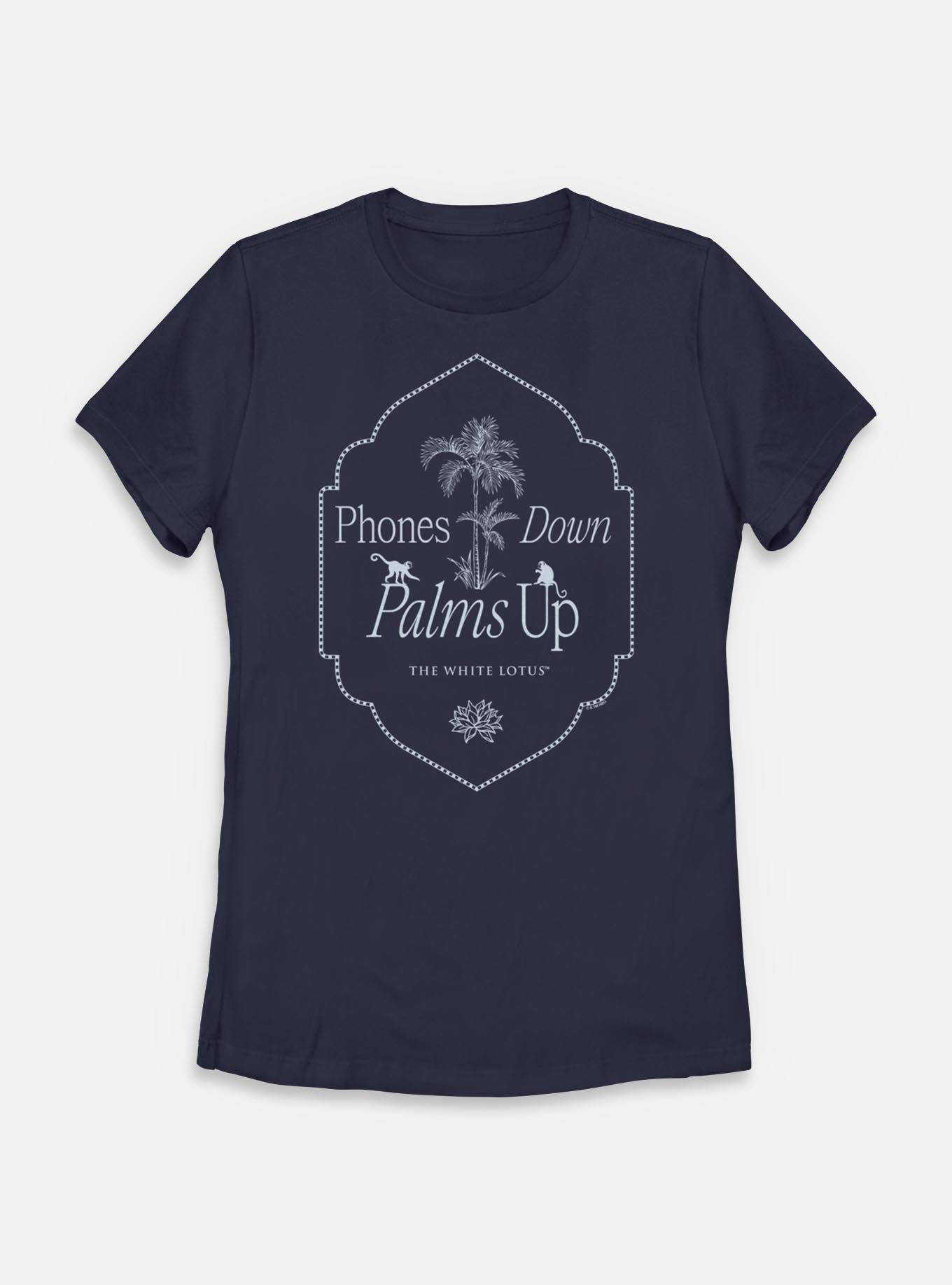 The White Lotus Phones Down Palms Up Womens T-Shirt, NAVY, hi-res