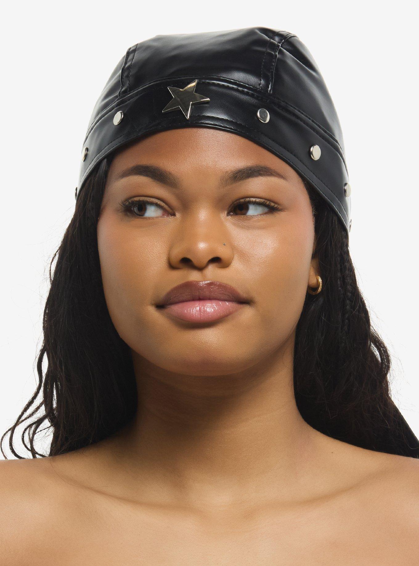 Black Faux Leather Star Stud Headwrap, , hi-res