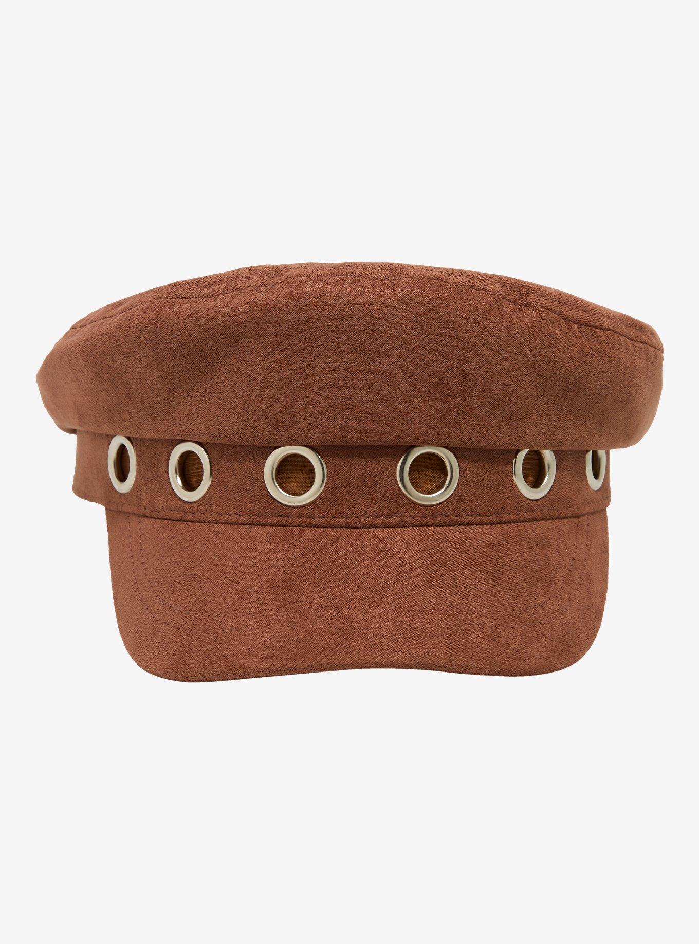 Brown Faux Suede Grommet Cabbie Hat, , hi-res