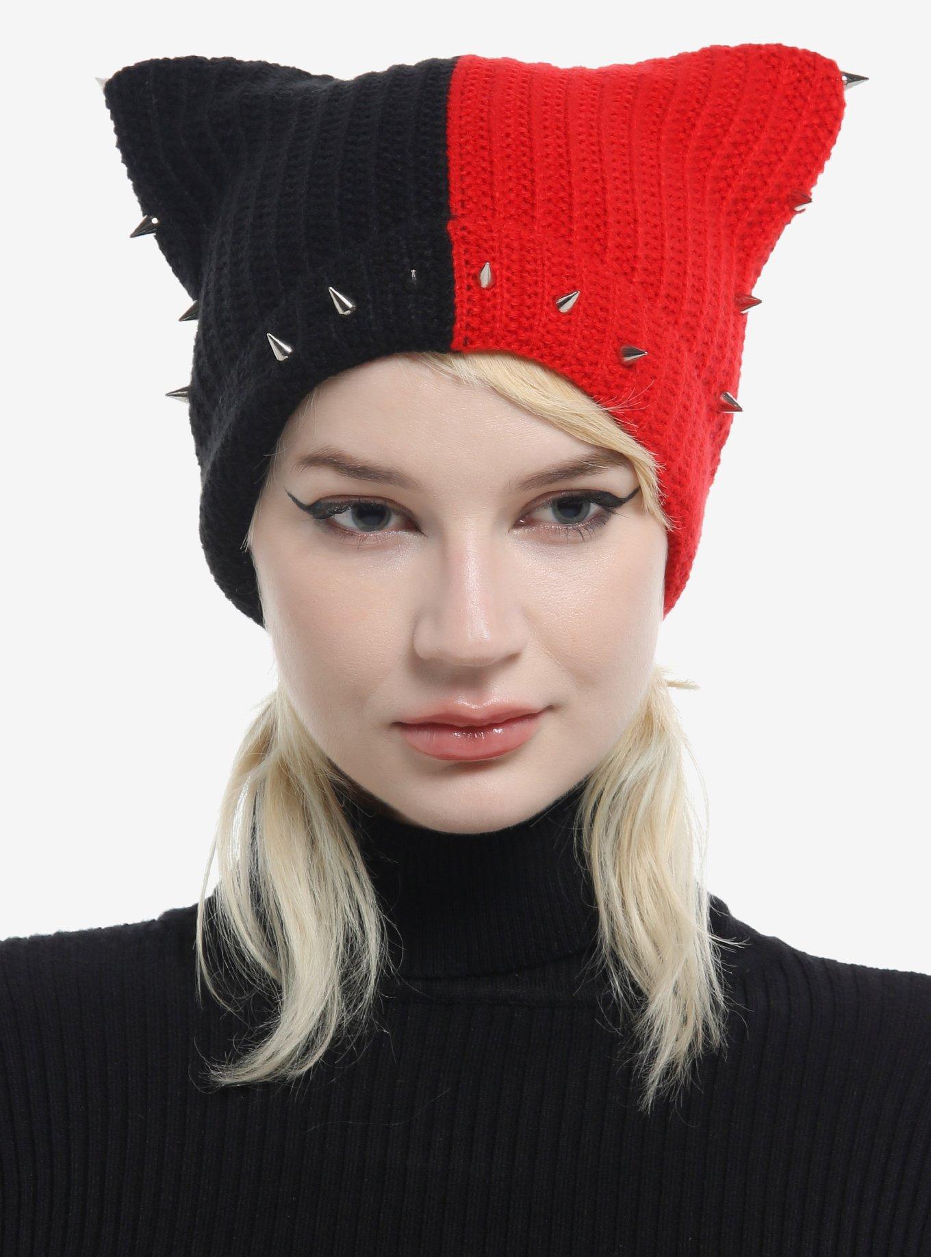 Red & Black Spike Split Subtle Ear Beanie, , hi-res