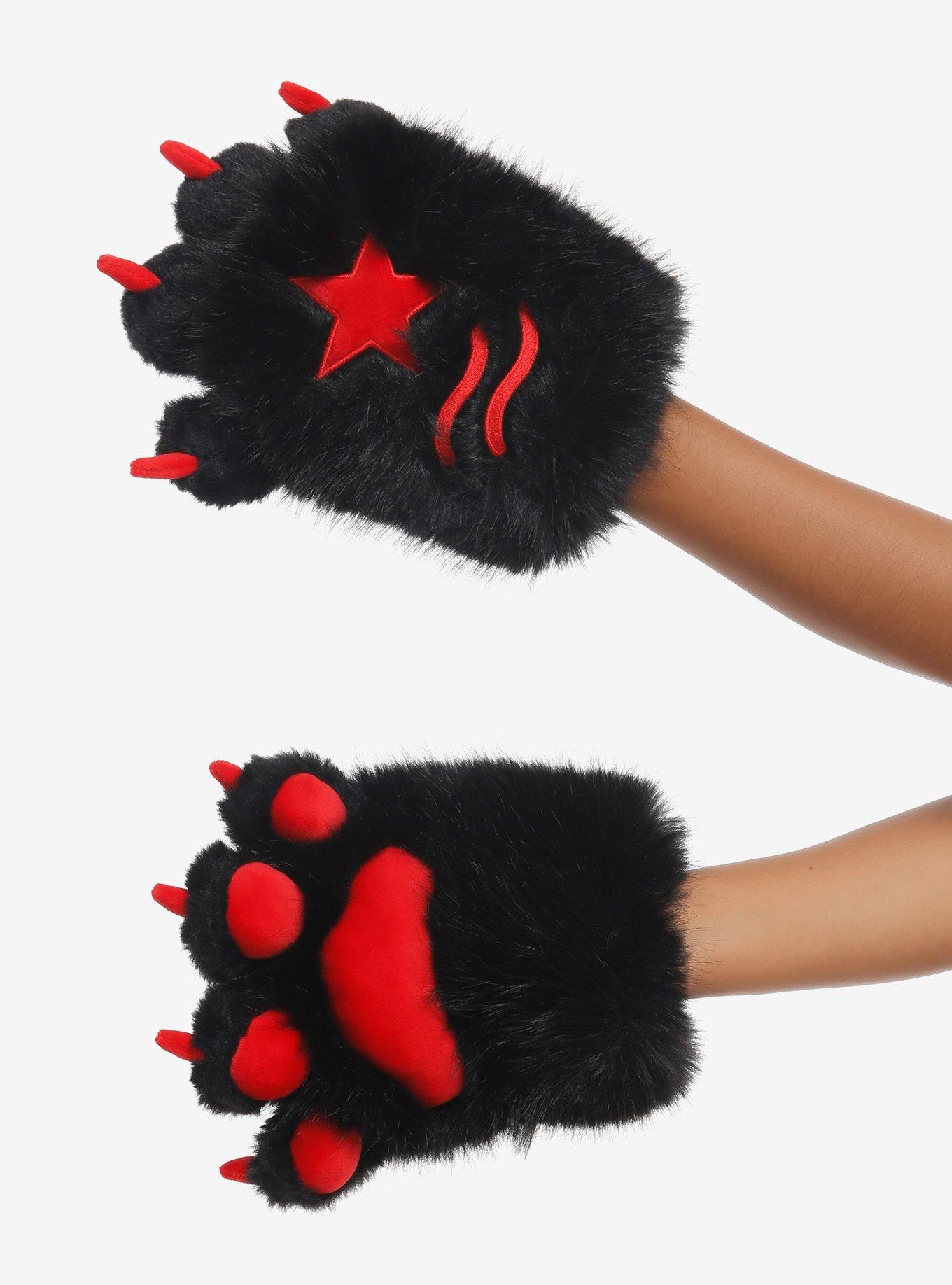 Black & Red Star Fuzzy Cat Paw Gloves, , hi-res