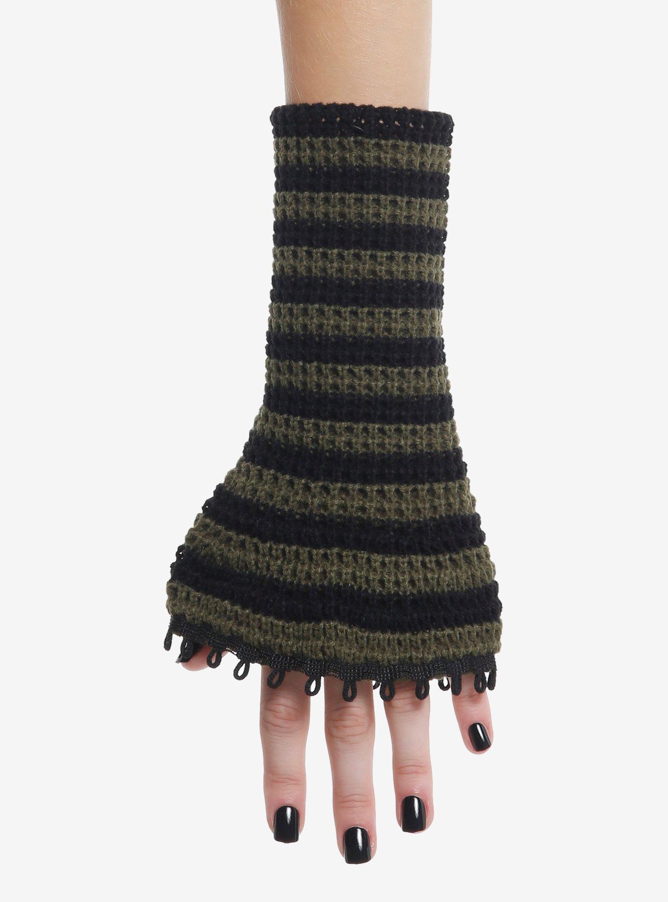 Green & Black Stripe Flare Knit Arm Warmers, , hi-res