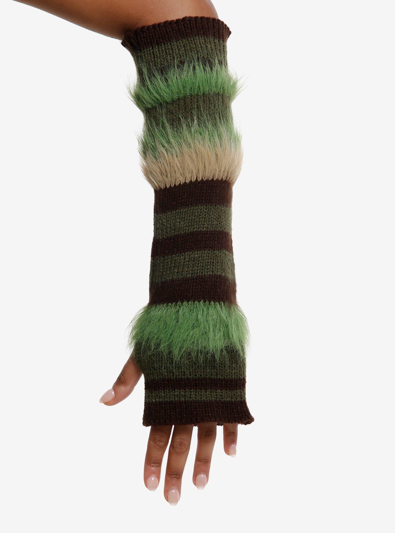 Green Striped Fuzzy Tier Arm Warmers, , hi-res
