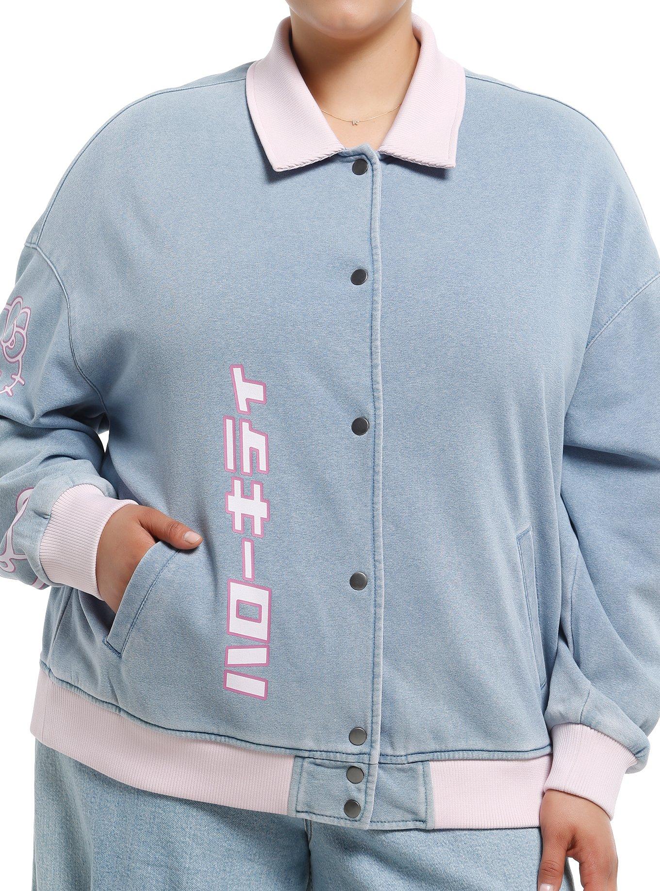 Hello Kitty Pink Trim Denim Bomber Jacket Plus Size, , hi-res