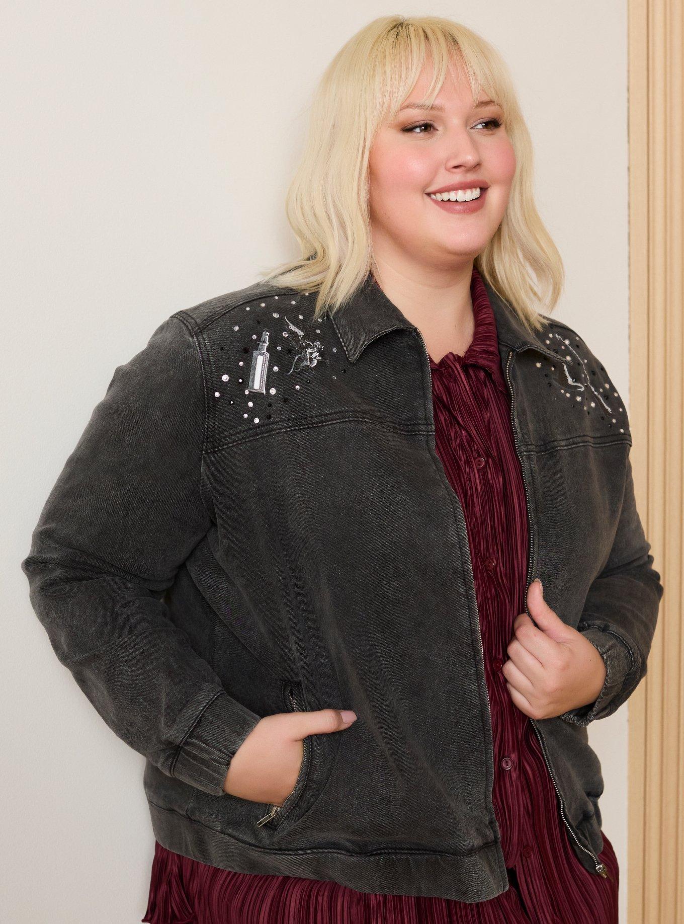 Wicked Elphaba Icons Rhinestone Women's Plus Size Black Denim Jacket — BoxLunch Exclusive, , hi-res