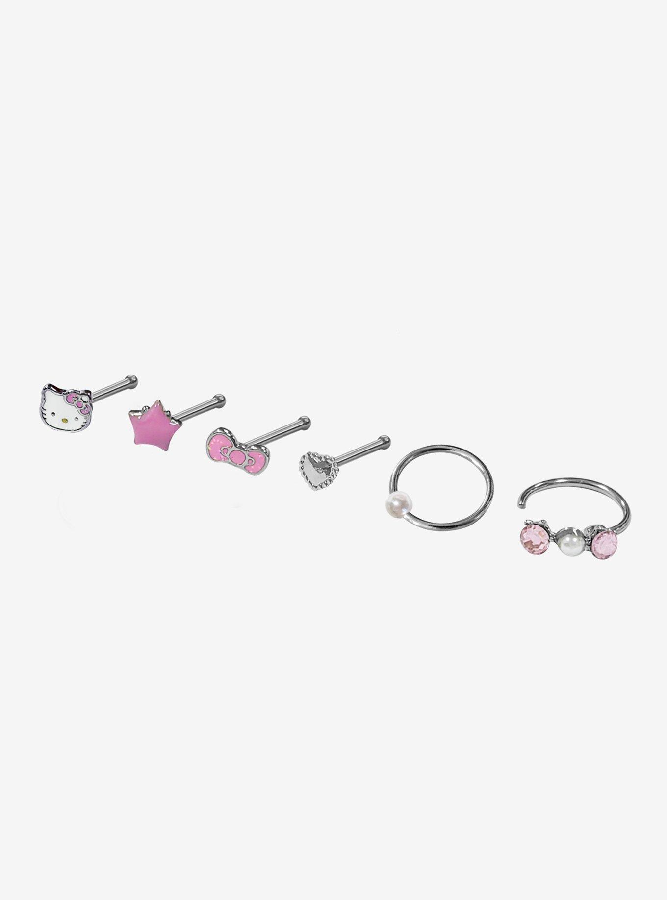 Steel Silver Hello Kitty Bow & Star Nose Stud & Hoop 6 Pack, , hi-res