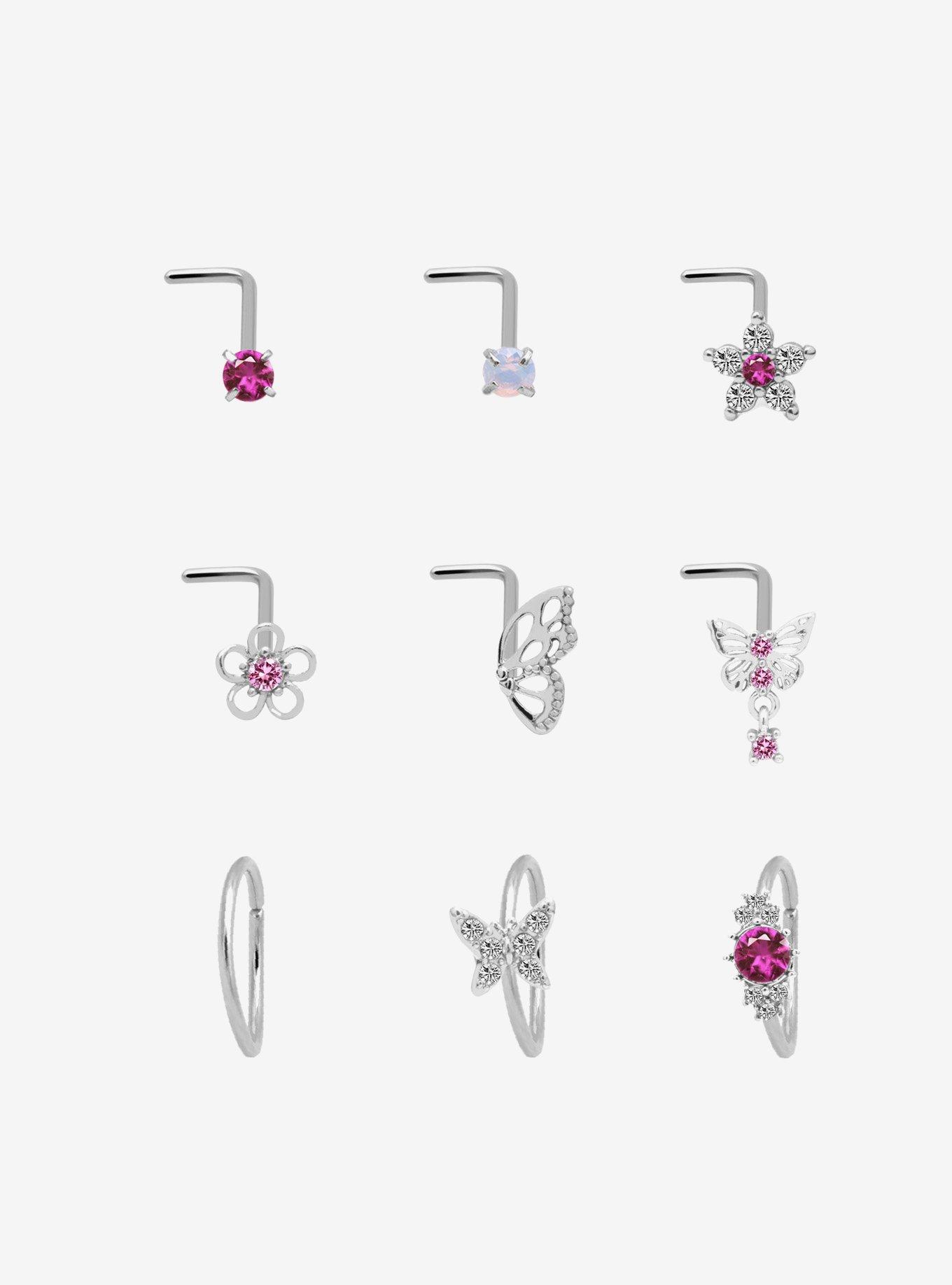 Steel Silver Butterfly & Flower Gem Nose Stud & Hoop 9 Pack, , hi-res