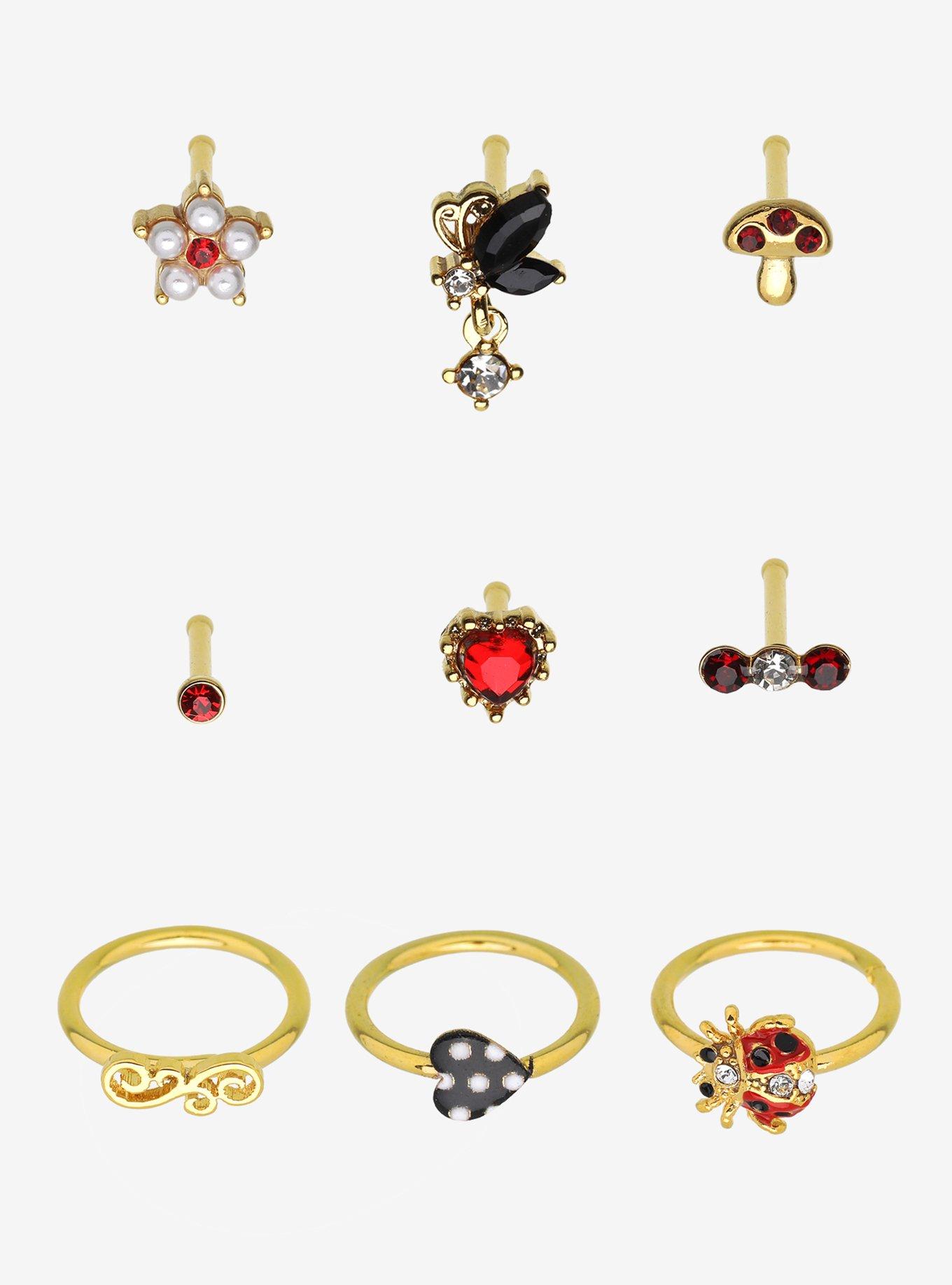 Steel Gold Ladybug & Mushroom Nose Stud & Hoop 9 Pack, , hi-res