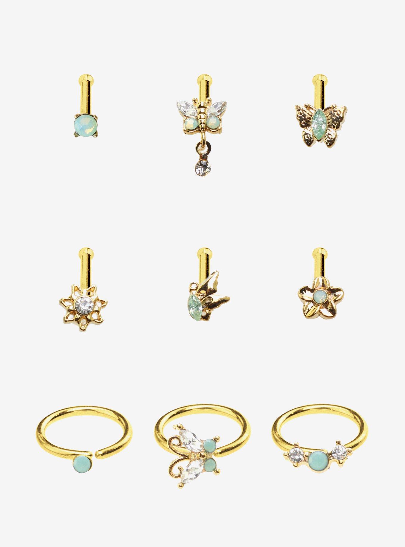 Steel Mint Butterfly Flower Nose Stud & Hoop 9 Pack, MULTI, hi-res
