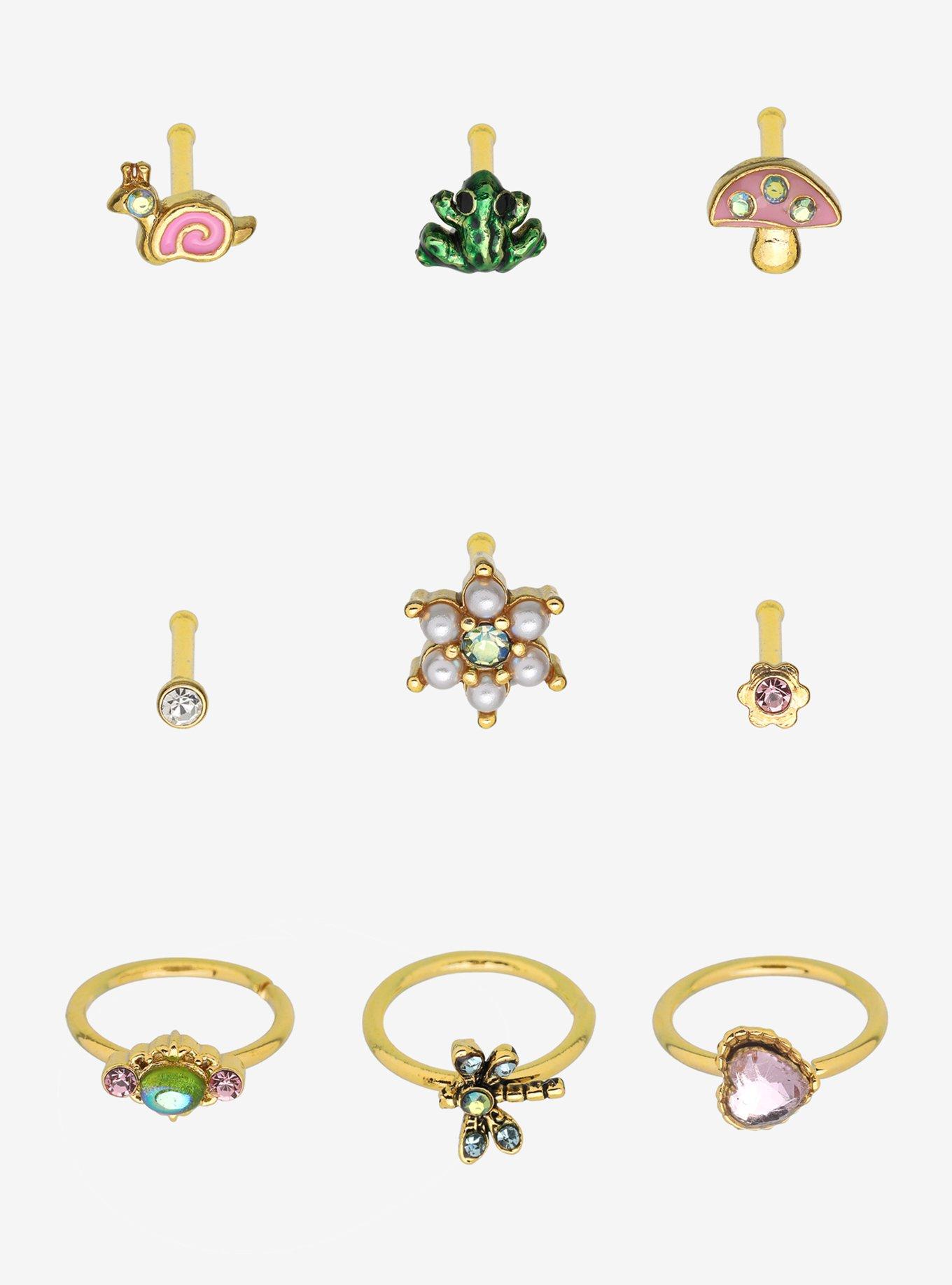 Steel Gold Frog & Mushroom Nose Stud & Hoop 9 Pack, , hi-res
