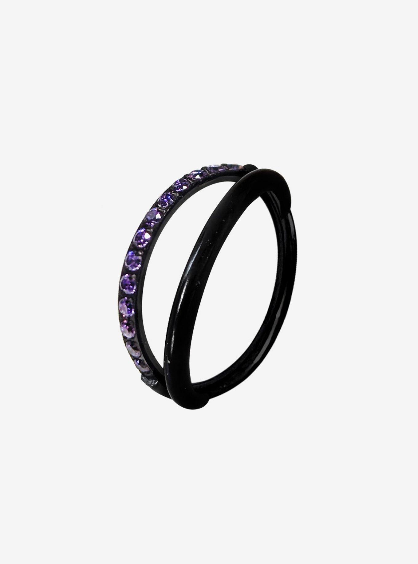 Steel Black Purple CZ Gem Double Hoop Hinged Clicker, , hi-res