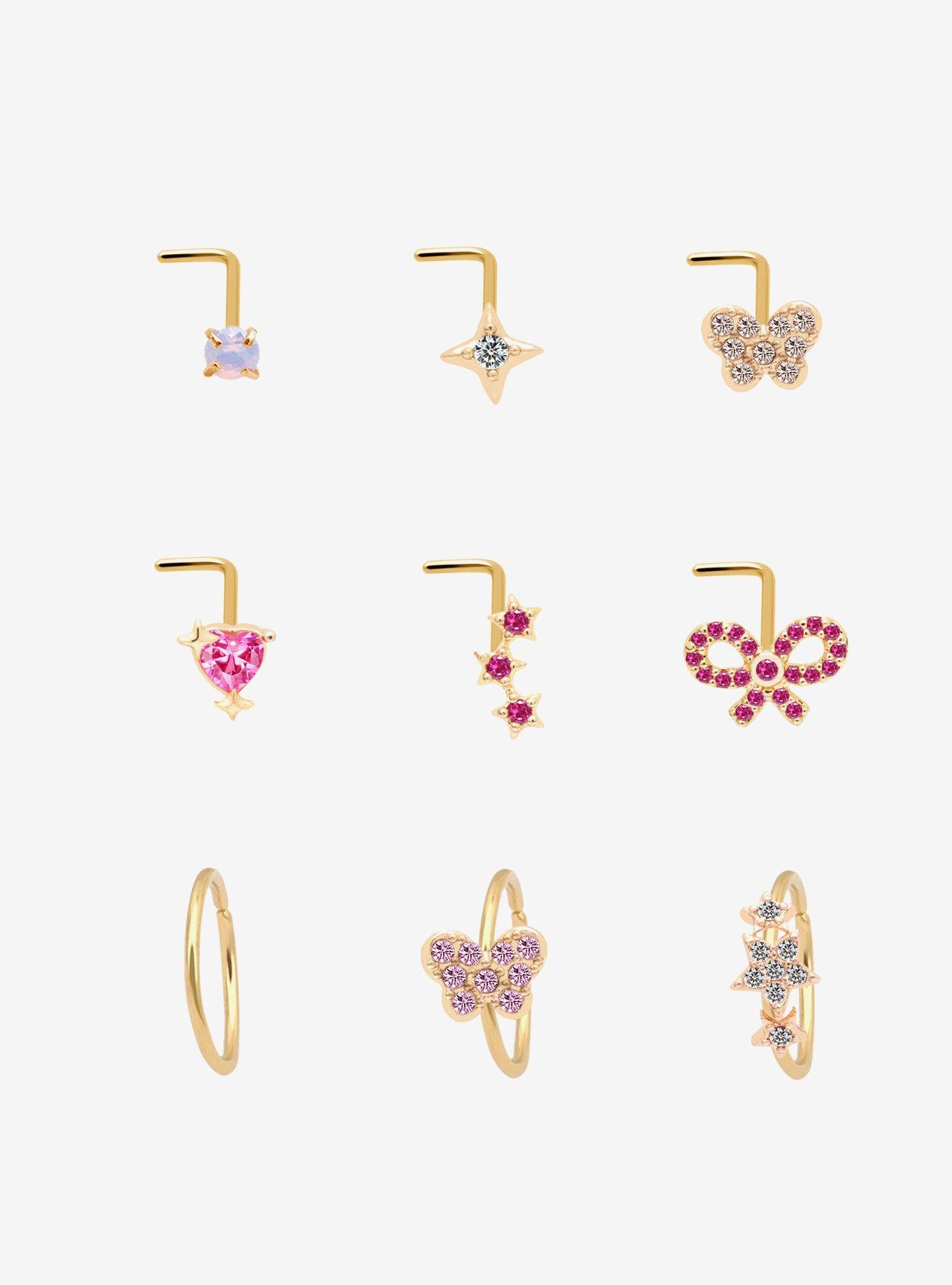 Steel Gold Bow & Butterfly Gem Nose Stud & Hoop 9 Pack, , hi-res