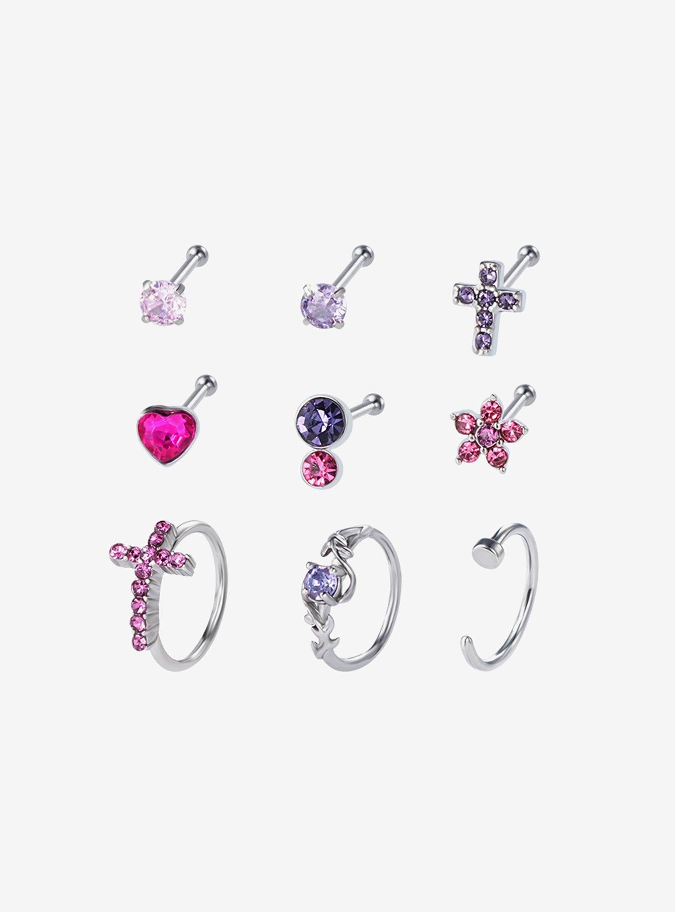 Steel Silver Cross & Heart Purple Gem Nose Stud & Hoop 9 Pack, , hi-res