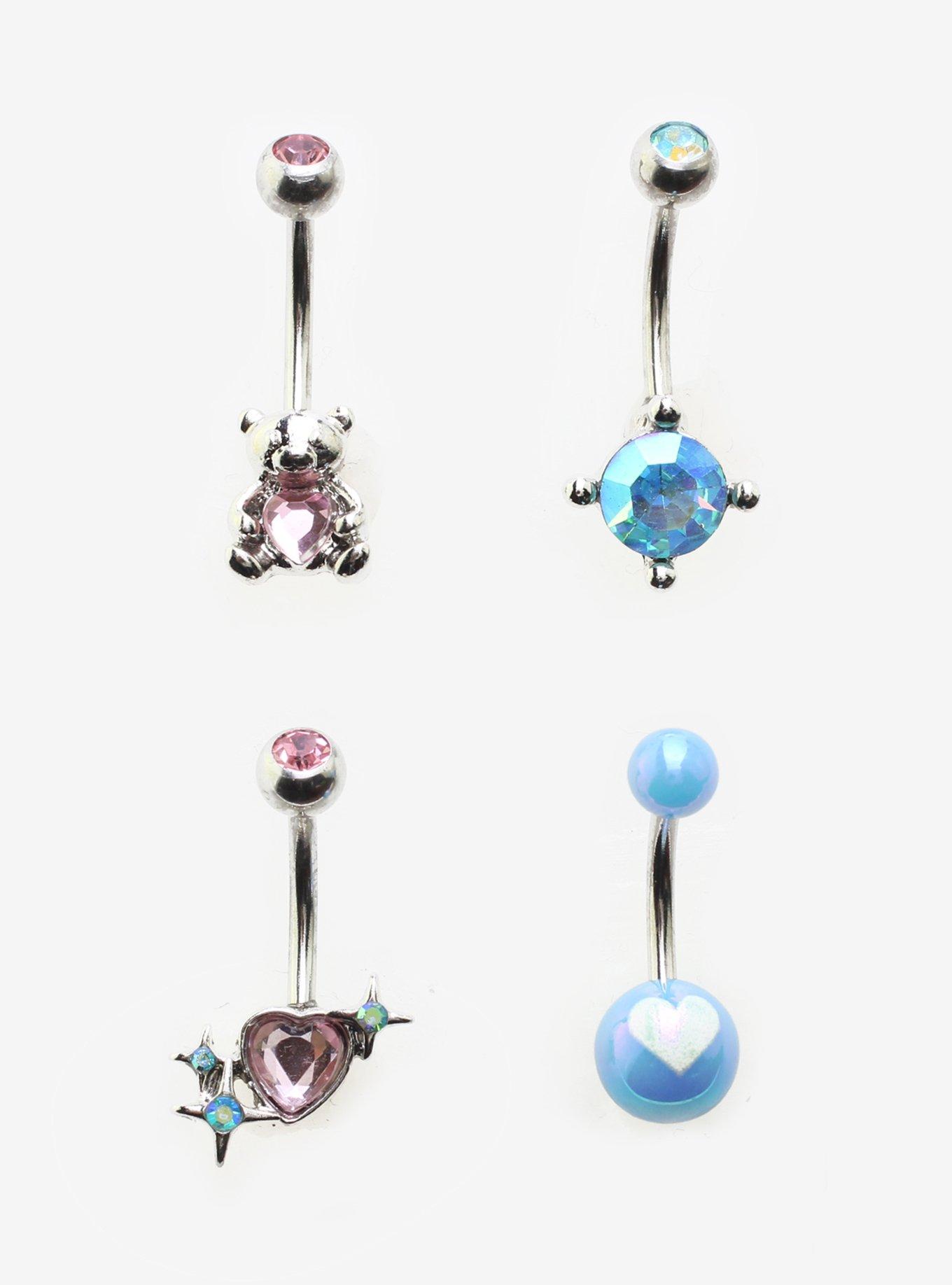 14G Steel Silver Teddy Bear Pink & Blue Gem Navel Barbell 4 Pack, , hi-res