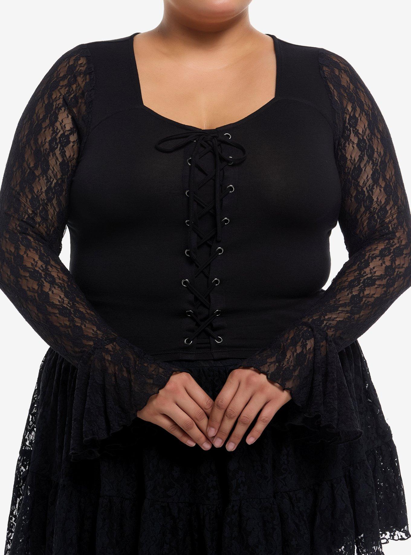 Cosmic Aura Black Lace-Up Girls Crop Ruffle Long-Sleeve Top Plus Size, BLACK, hi-res