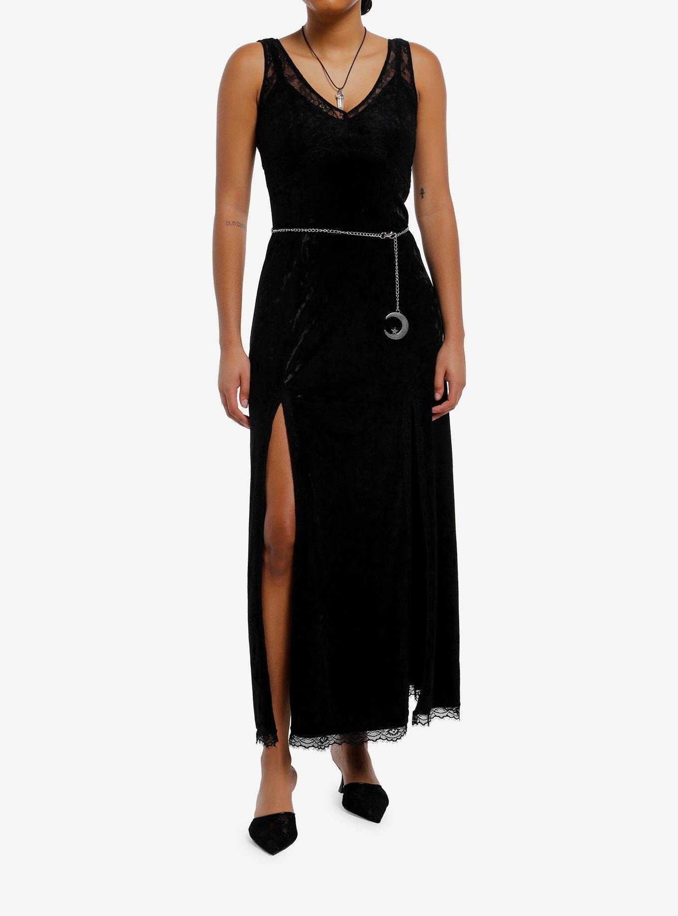 Cosmic Aura Black Velvet Moon Chain Slit Maxi Dress, , hi-res