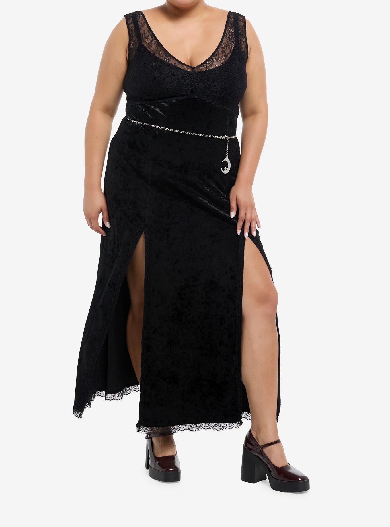 Cosmic Aura Black Velvet Moon Chain Slit Maxi Dress Plus Size, , hi-res
