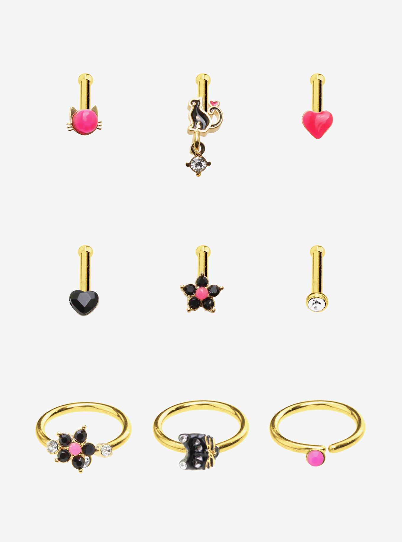 Steel Cat Flower Nose Stud & Hoop 9 Pack, , hi-res