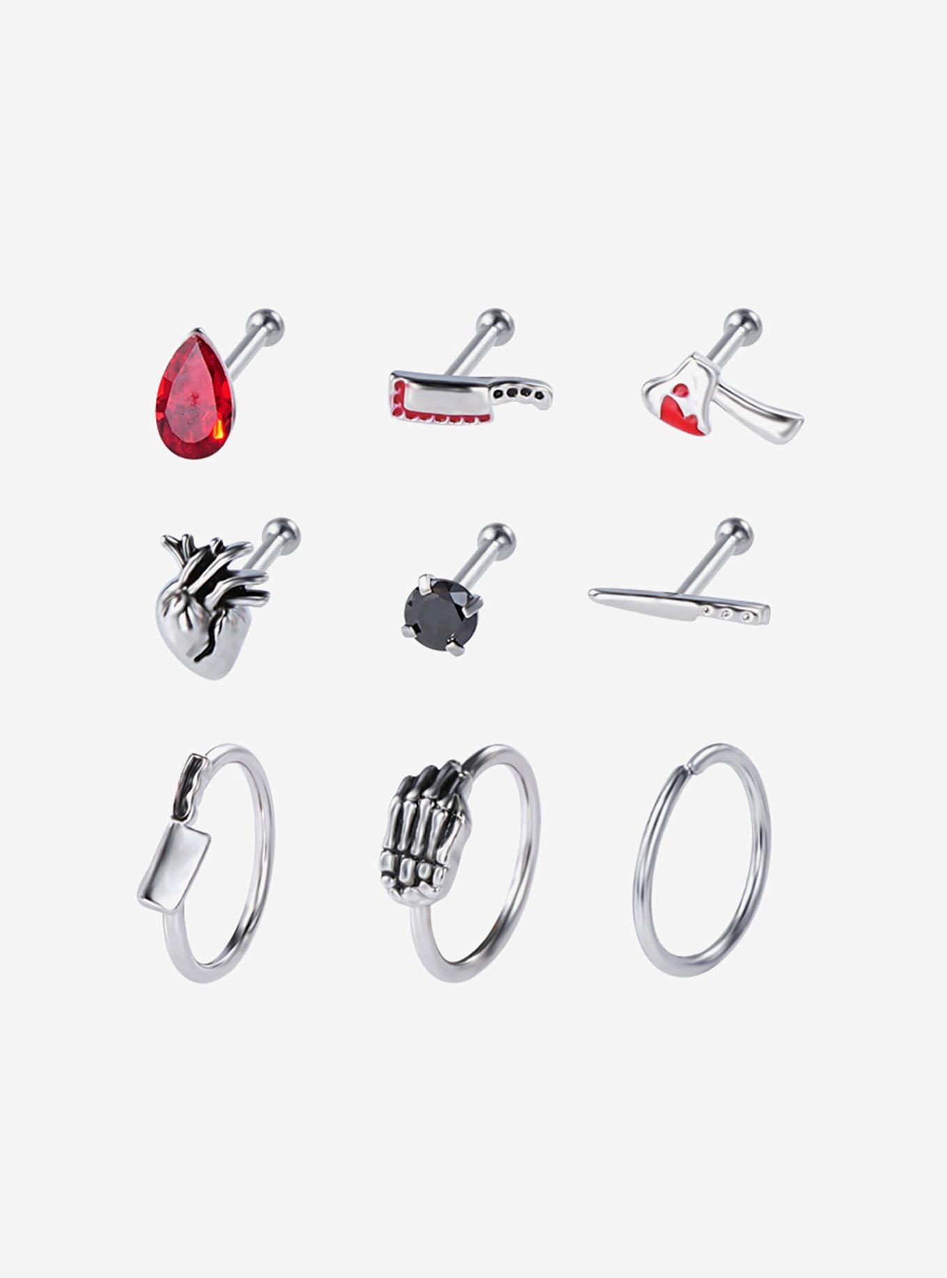 Steel Silver Bloody Axe & Knives Nose Stud & Captive Hoop 9 Pack, , hi-res