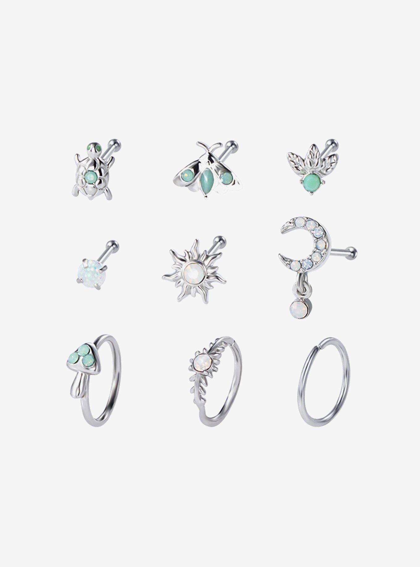 Steel Silver Mint Green Gem & Moth Nose Stud & Hoop 9 Pack