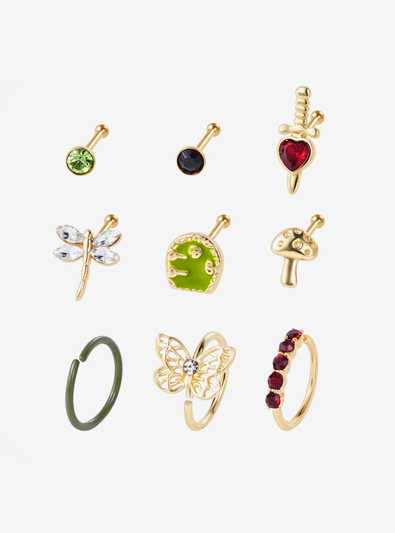 20G Steel Dragonfly Mushroom Nose Stud & Hoop 9 Pack, , hi-res