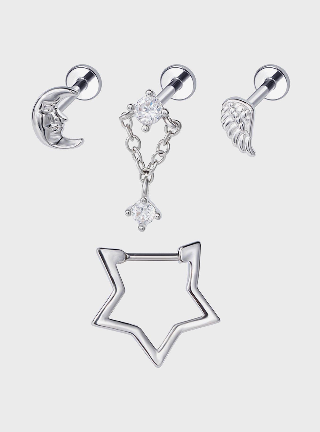 16G Steel Moon Wing Star Labret Stud & Hinged Hoop 4 Pack, , hi-res