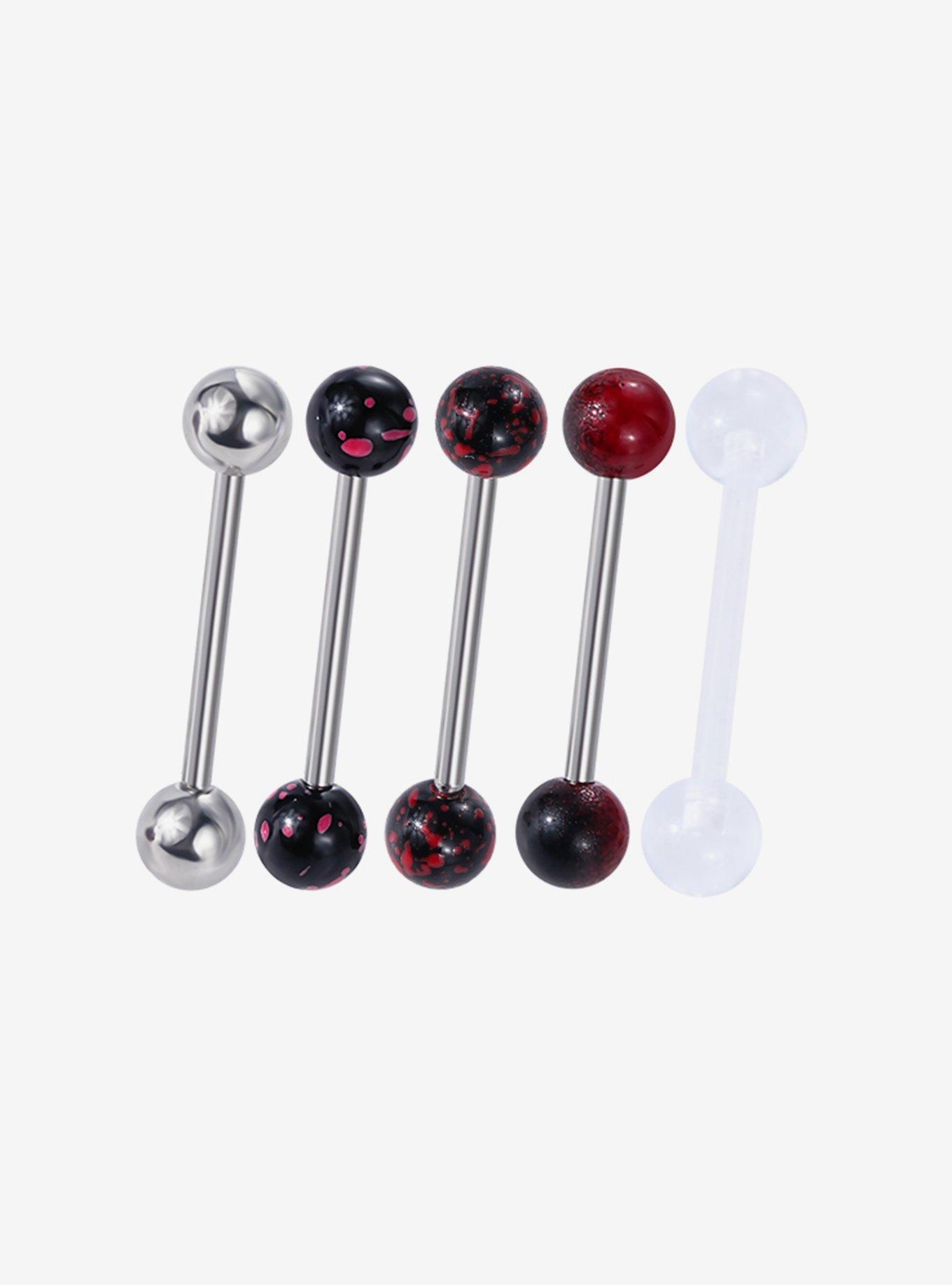 14G Steel Black & Red Tongue Barbell & Retainer 5 Pack, , hi-res