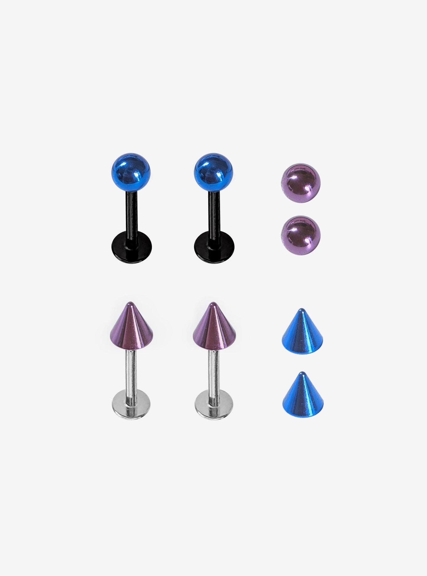 Steel Purple & Blue Labret Stud With Interchangeable Ends 4 Pack, MULTI, hi-res