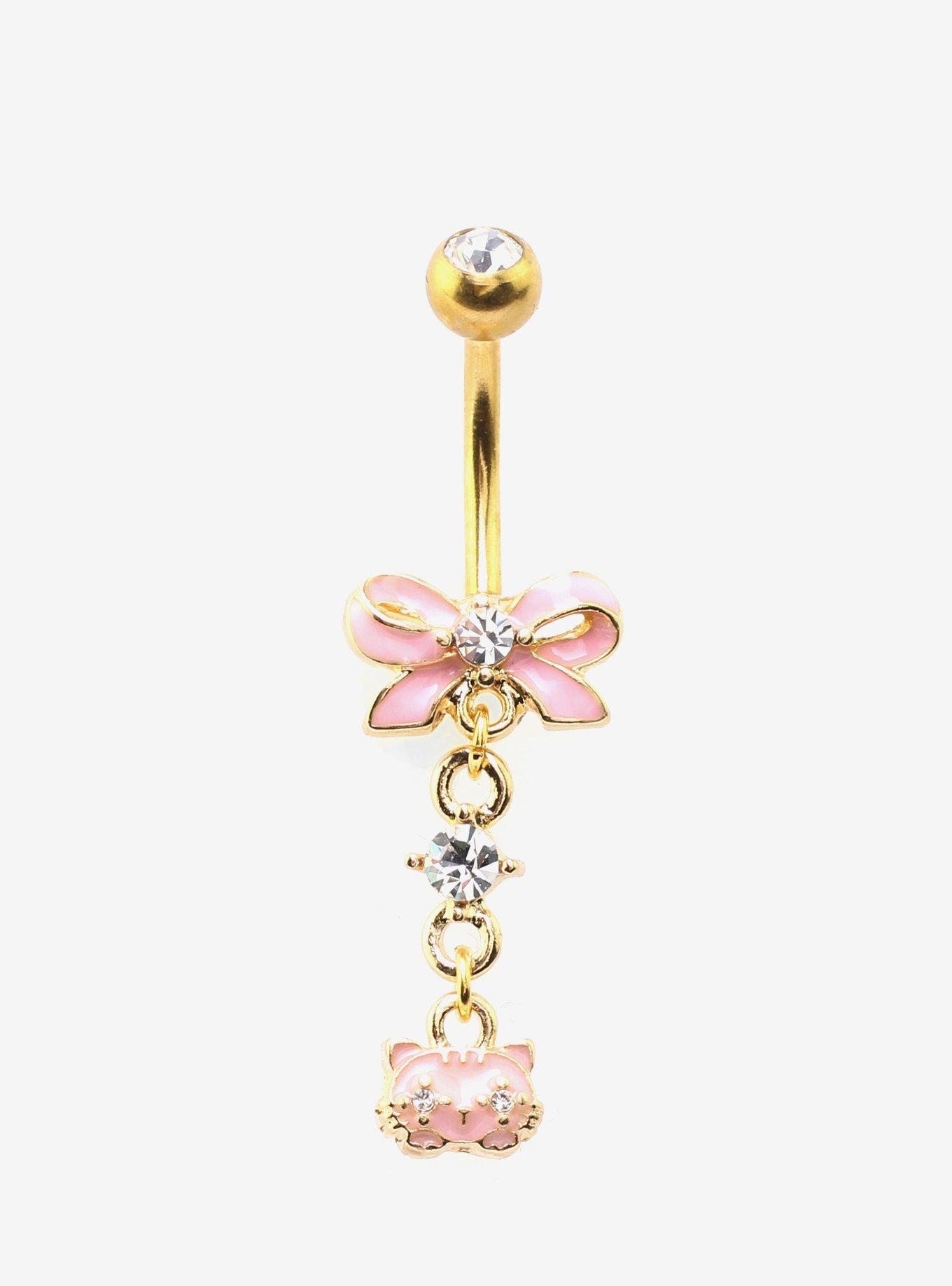14G Steel Pink Kitty Bow Navel Barbell, , hi-res