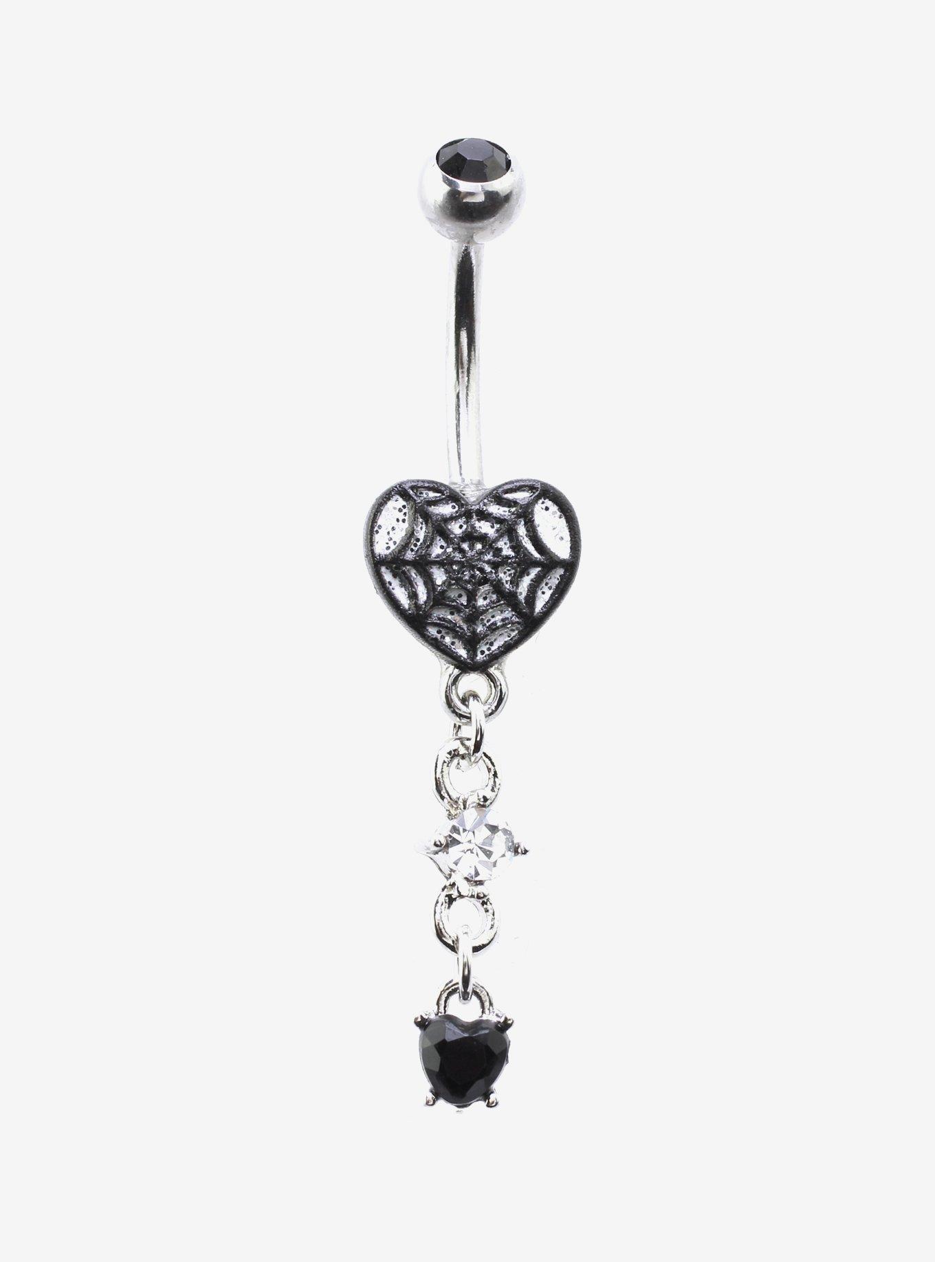 14G Steel Spiderweb Heart Navel Barbell, , hi-res