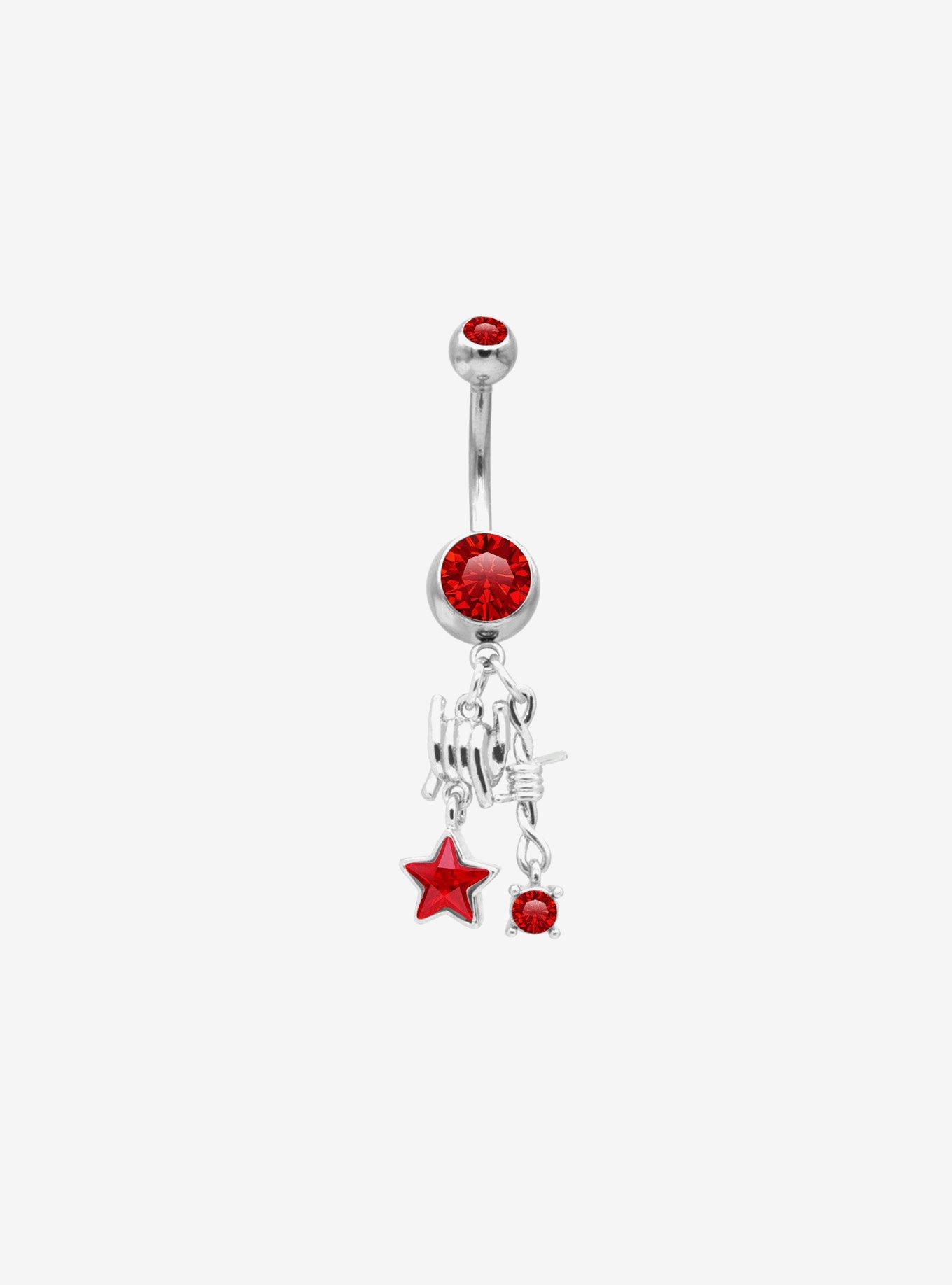 14G Steel Red Bling Barbed Wire Navel Barbell, , hi-res