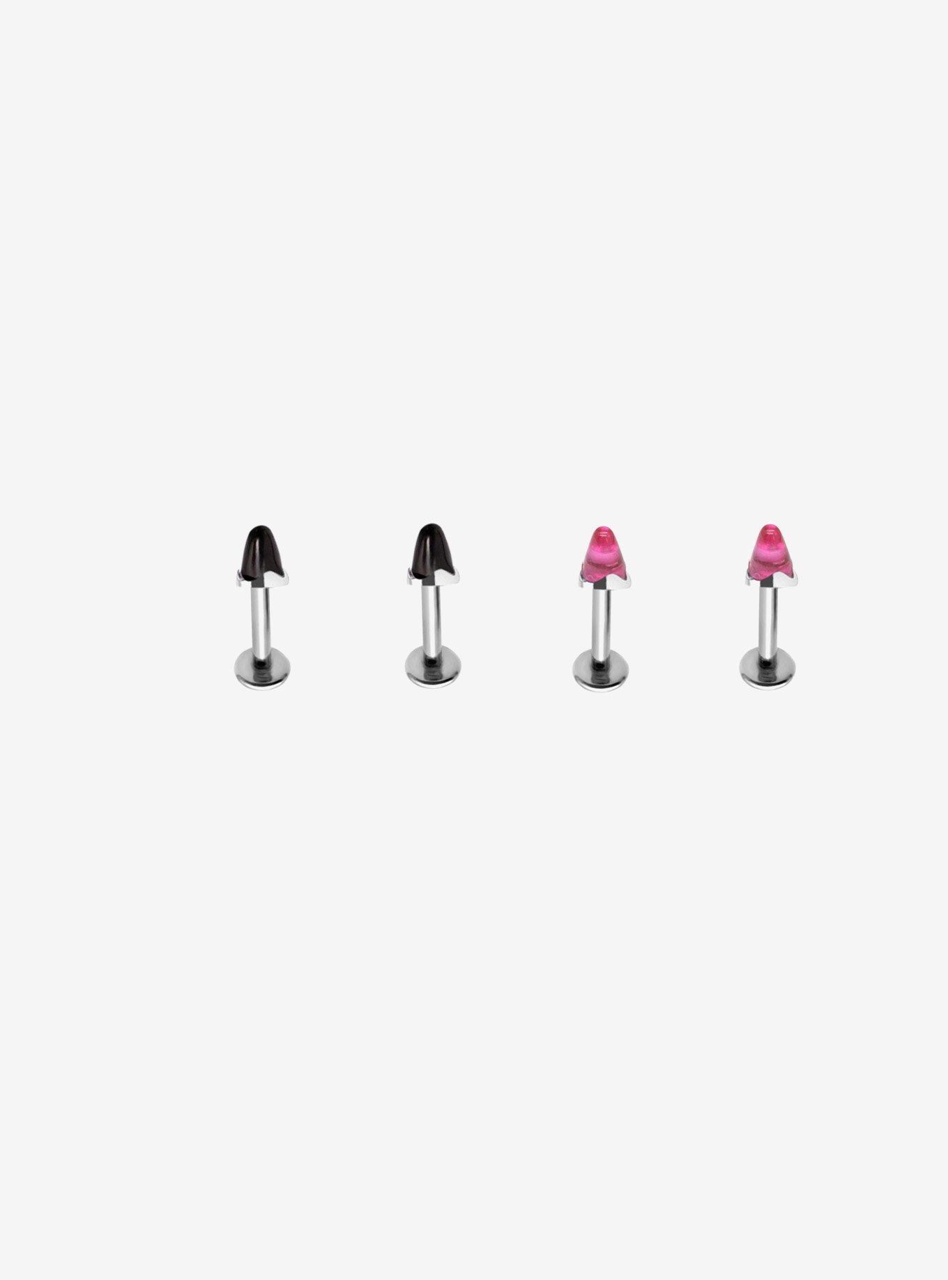 Steel Silver Pink & Black Resin Spike Labret Stud 4 Pack, , hi-res