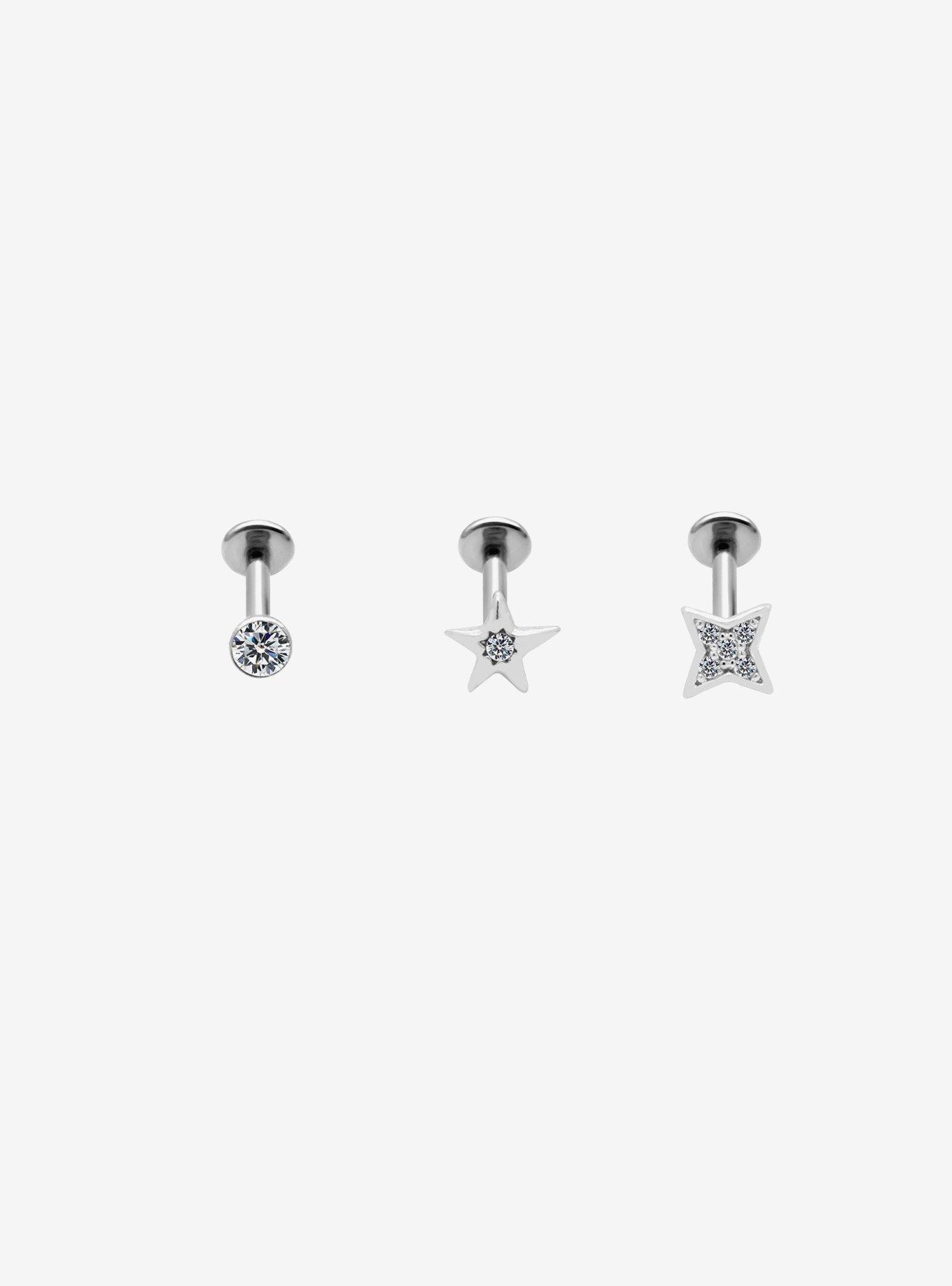 Steel Silver Star & Gem Labret Stud 3 Pack, MULTI, hi-res