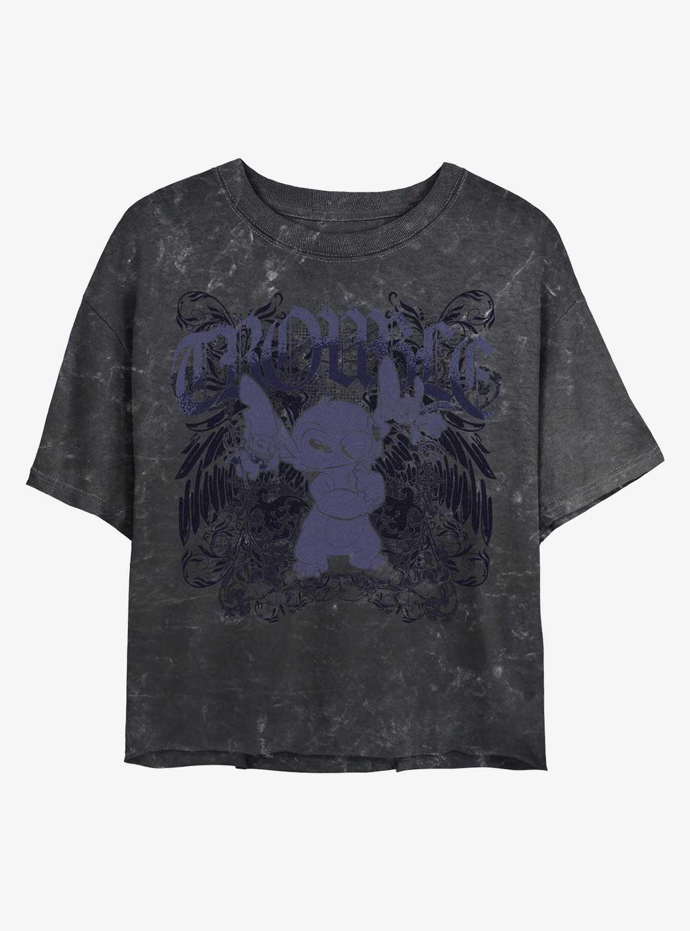 Disney Lilo & Stitch Total Trouble Girls Mineral Wash Crop T-Shirt Hot Topic Exclusive, BLACK, hi-res