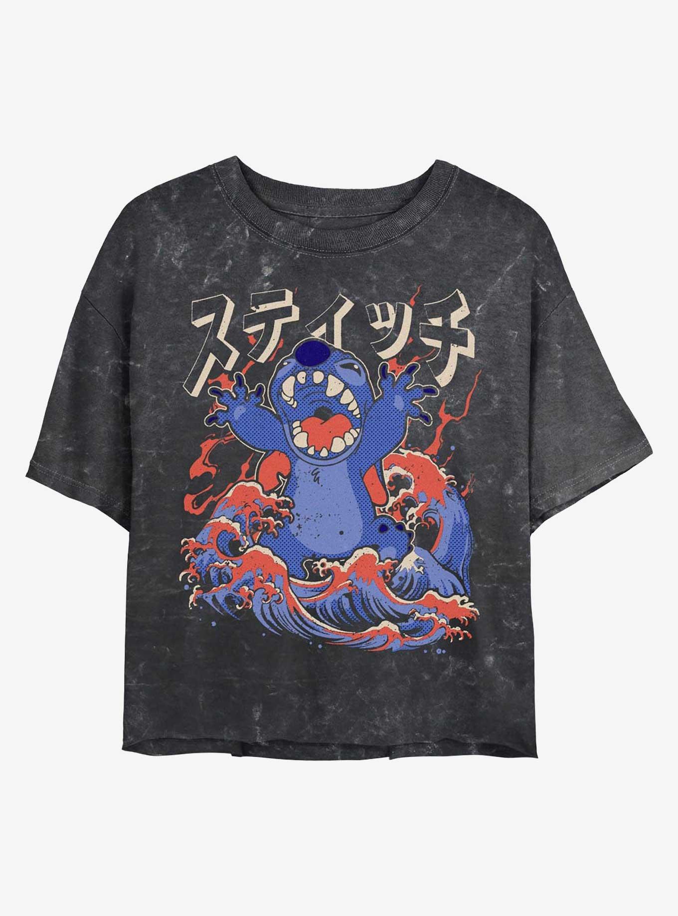 Disney Lilo & Stitch Kaiju Stitch Waves Girls Mineral Wash Crop T-Shirt Hot Topic Web Exclusive, , hi-res