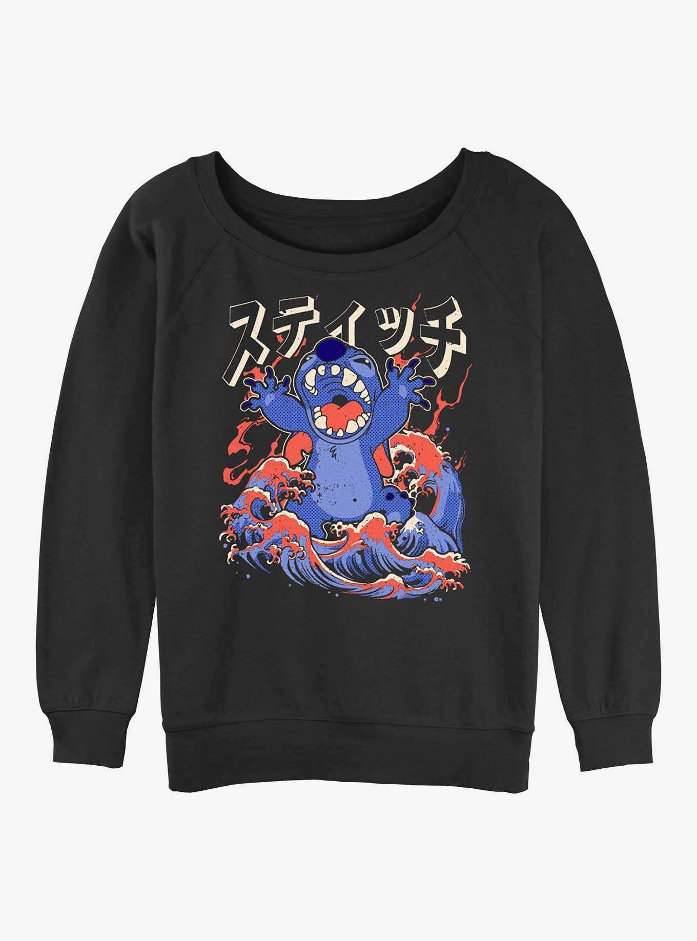 Disney Lilo & Stitch Kaiju Stitch Waves Girls Slouchy Sweatshirt Hot Topic Exclusive, BLACK, hi-res
