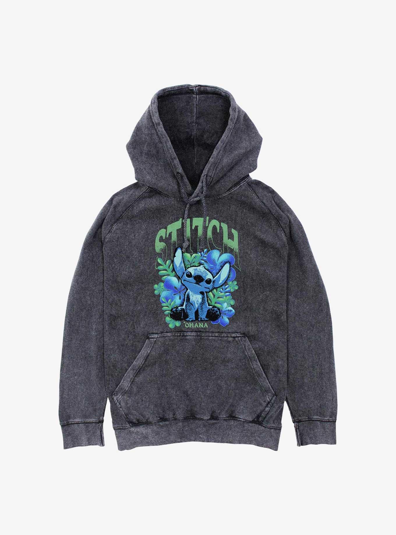 Disney Lilo & Stitch Dark Flowers Mineral Wash Hoodie Hot Topic Exclusive, BLACK, hi-res