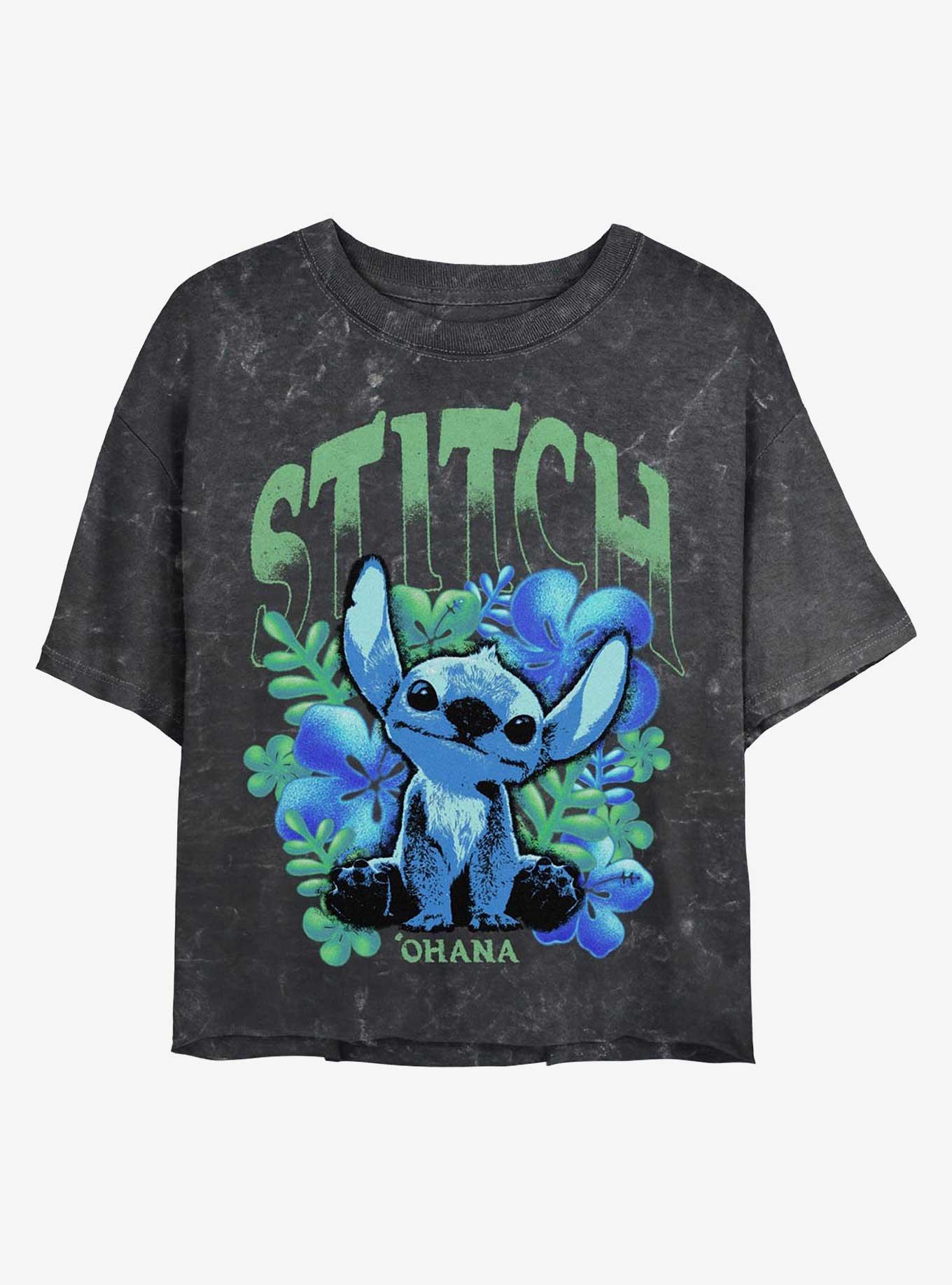 Disney Lilo & Stitch Dark Flowers Girls Mineral Wash Crop T-Shirt Hot Topic Exclusive, BLACK, hi-res