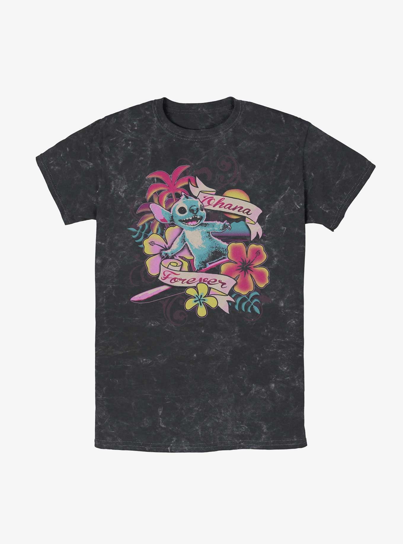 Disney Lilo & Stitch Ohana Forever Floral Mineral Wash T-Shirt Hot Topic Exclusive, BLACK, hi-res