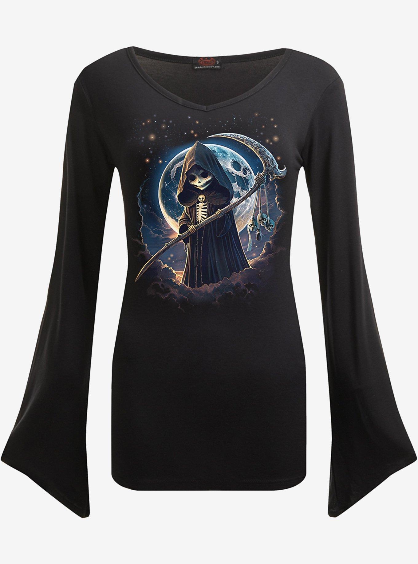 Reaperette V Neck Goth Long Sleeve Top, BLACK, hi-res