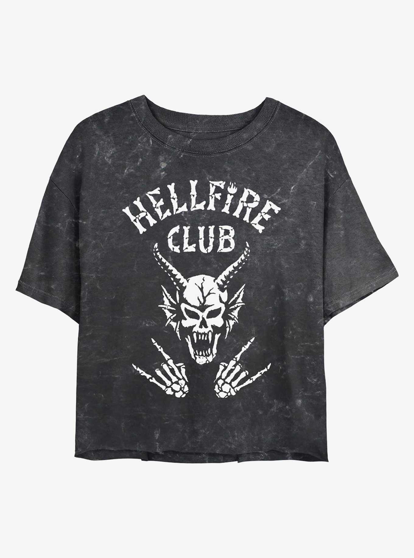 Stranger Things Hellfire Club Logo Girls Mineral Wash Crop T-Shirt, BLACK, hi-res