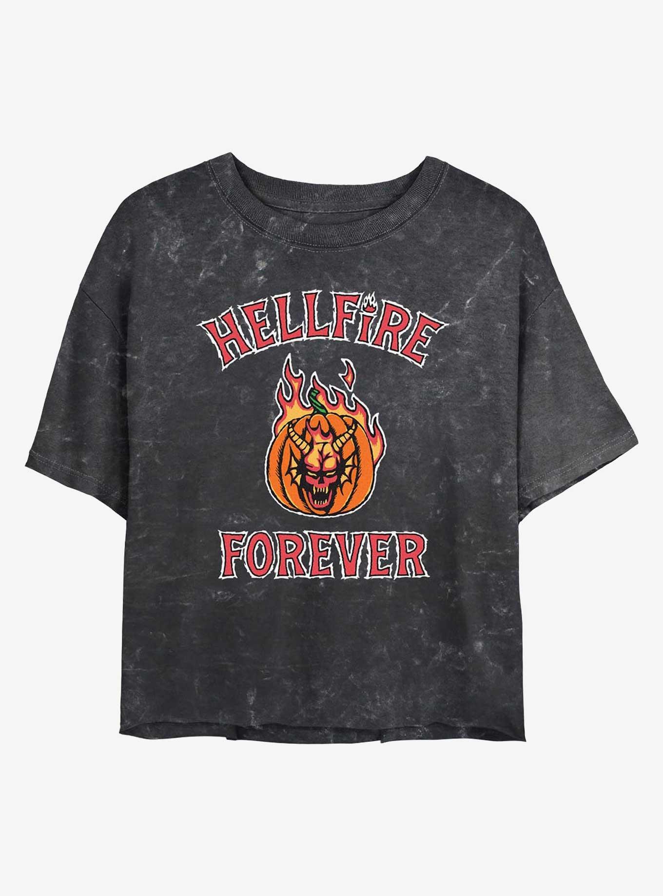Stranger Things Hellfire Forever Pumpkin Girls Mineral Wash Crop T-Shirt, BLACK, hi-res