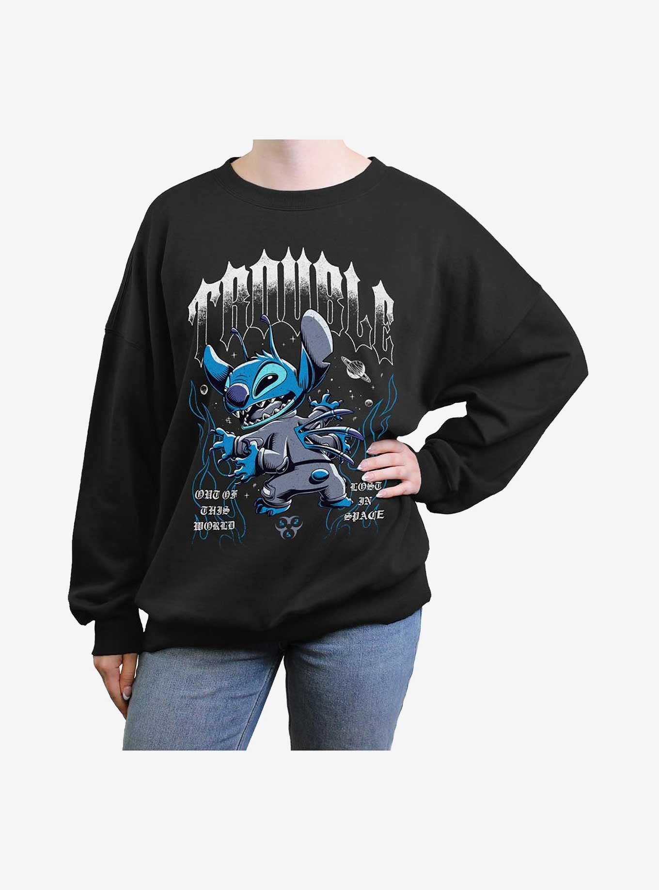 Disney Lilo & Stitch Cosmic Trouble Girls Oversized Sweatshirt Hot Topic Exclusive, BLACK, hi-res