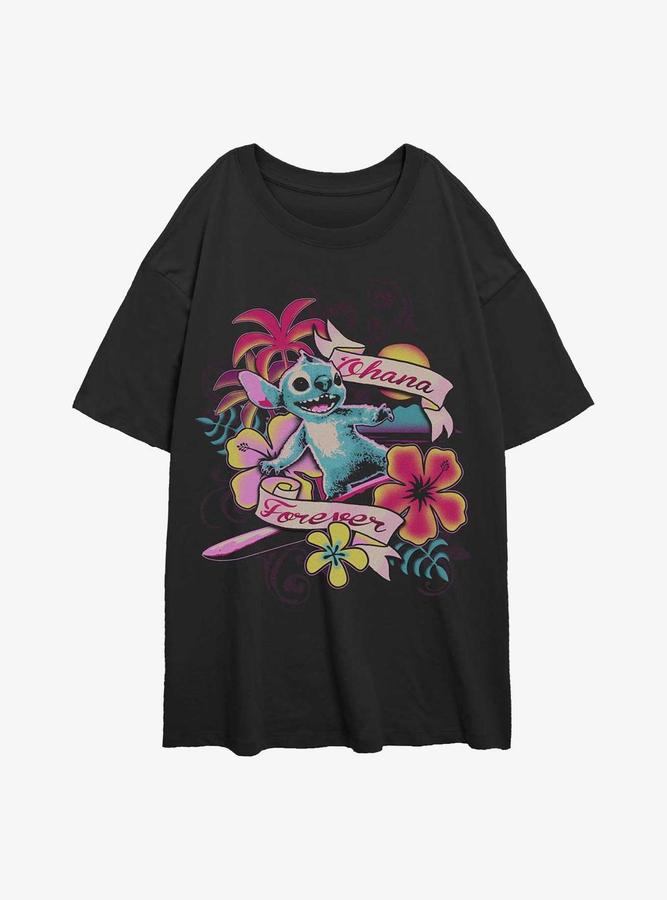 Disney Lilo & Stitch Ohana Forever Floral Girls Oversized T-Shirt Hot Topic Exclusive, BLACK, hi-res
