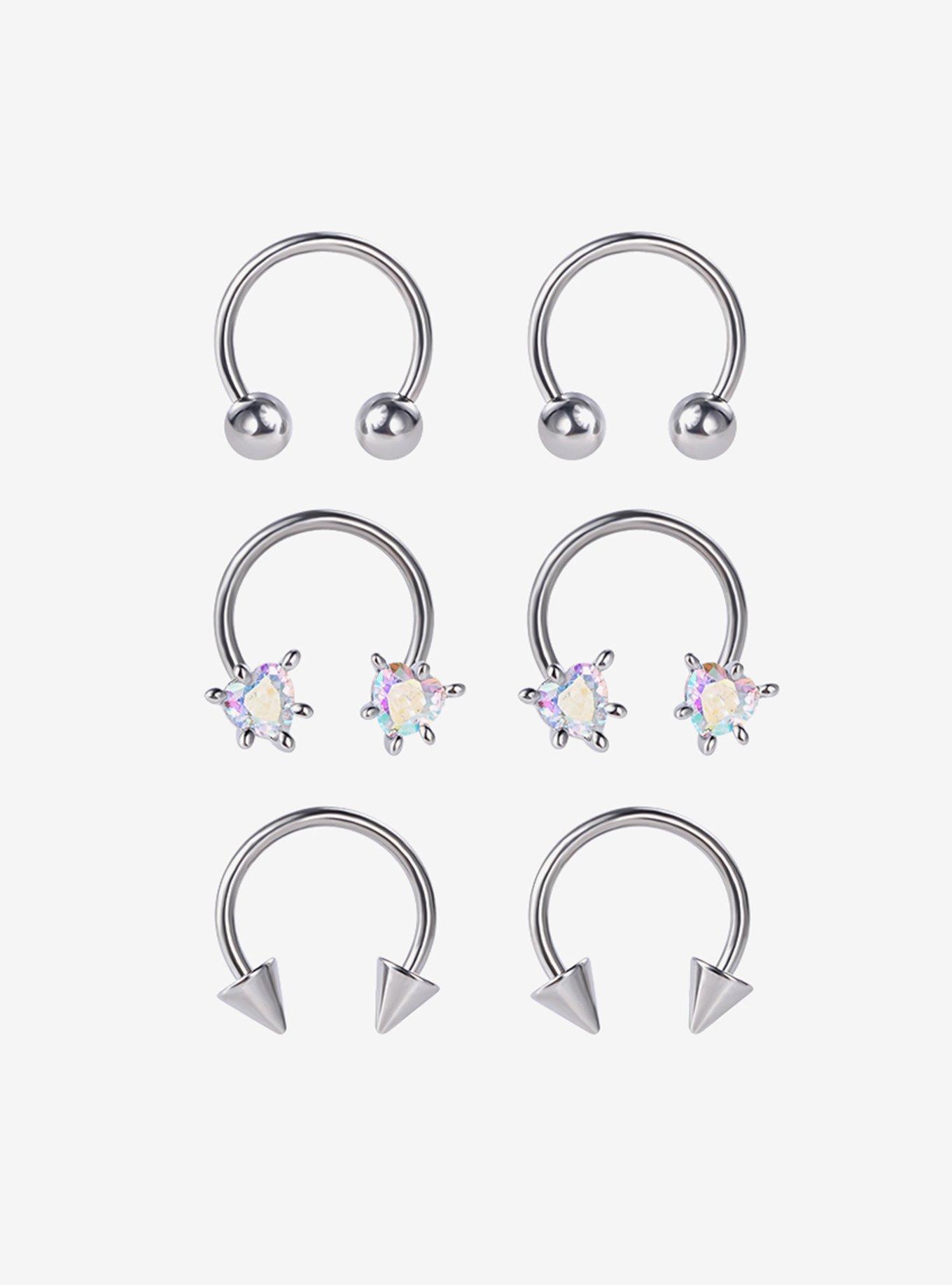 Steel Silver Iridescent Gem & Spike Circular Barbell 6 Pack, MULTI, hi-res