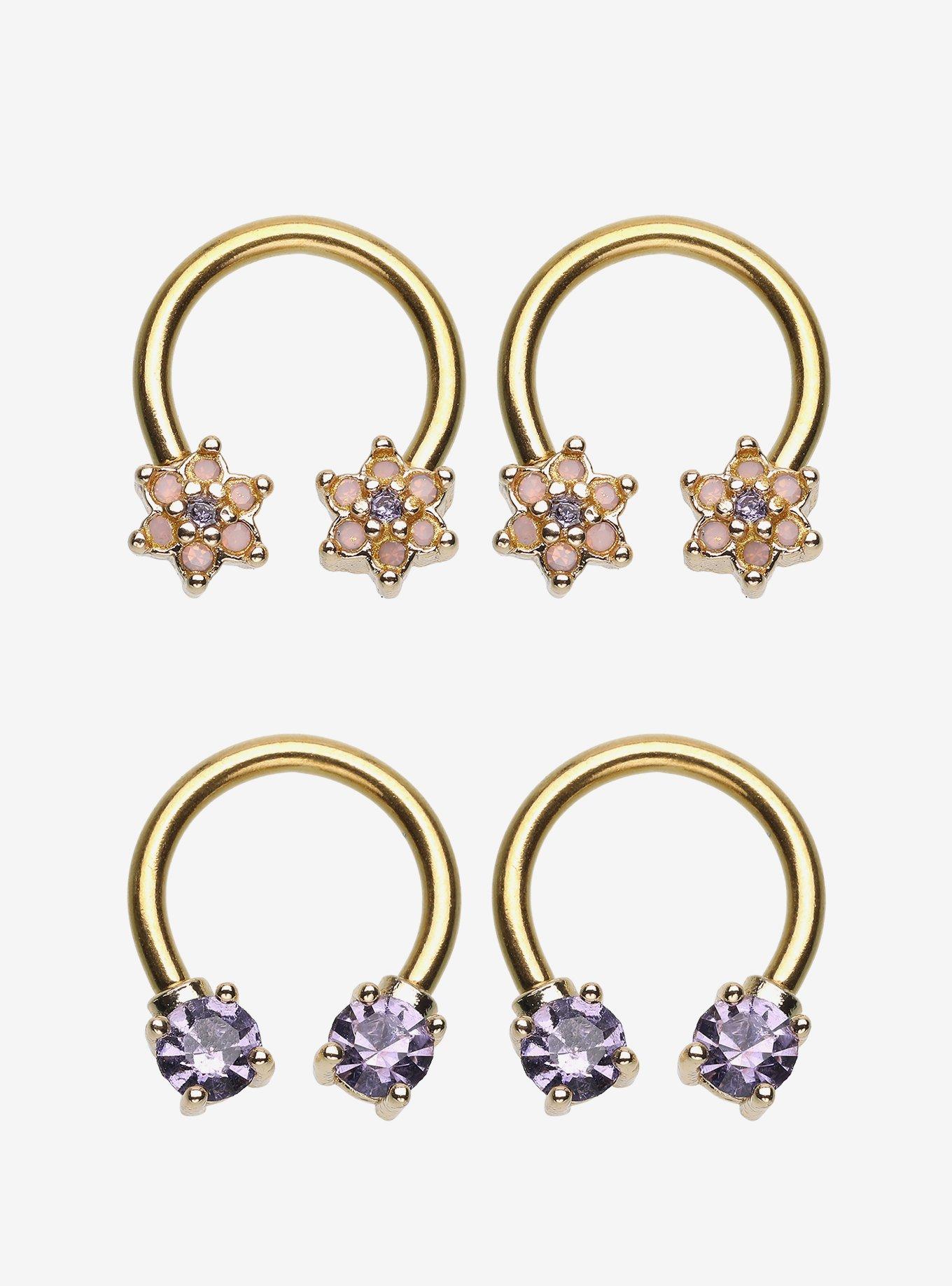 Steel Gold Flower & Purple Gem Circular Barbell 4 Pack, MULTI, hi-res